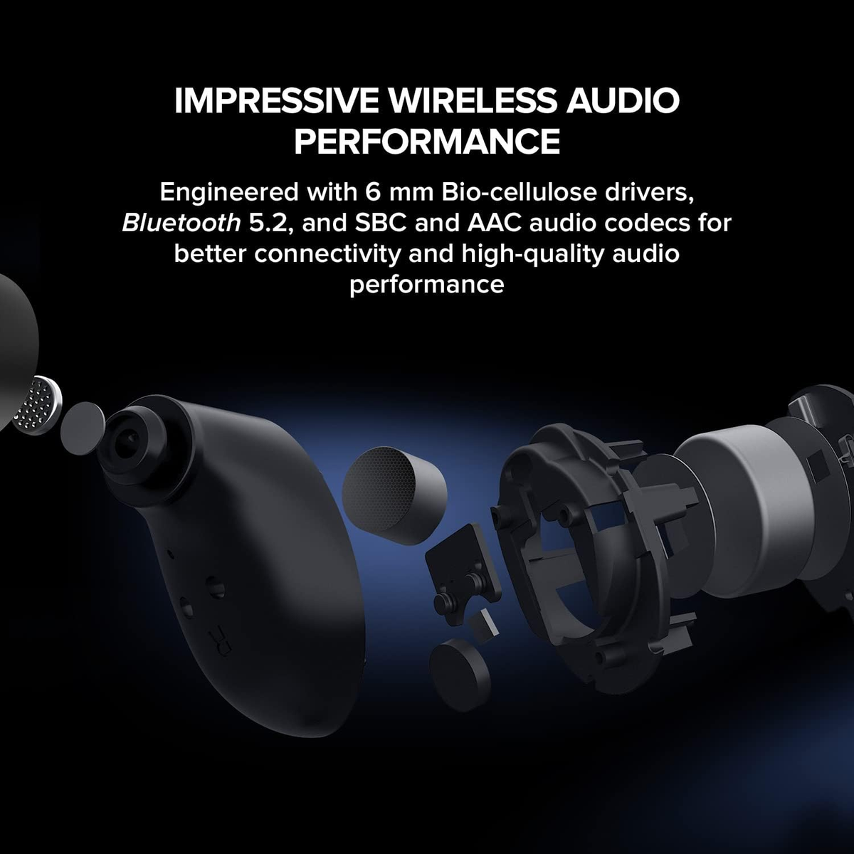 Componenti neri di auricolari wireless mostrati in vista esplosa su sfondo blu scuro. Il testo dettaglia le prestazioni audio.