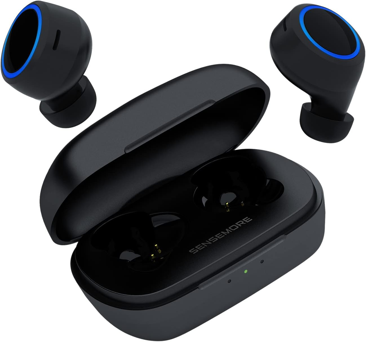 Auricolari neri e custodia di ricarica. Gli auricolari hanno dettagli blu. La custodia è aperta, mostrando il marchio Sensmore.