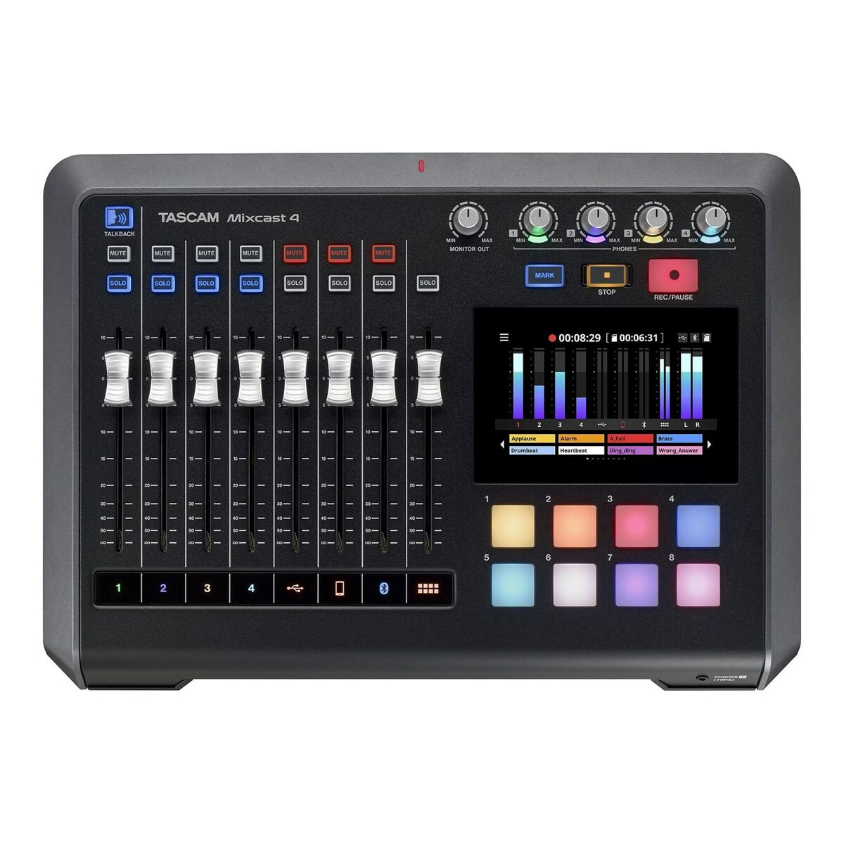 Ein schwarzes Tascam Mixcast 4 Audiomischpult mit Schiebereglern, Tasten und einem Display mit Audiopegeln.