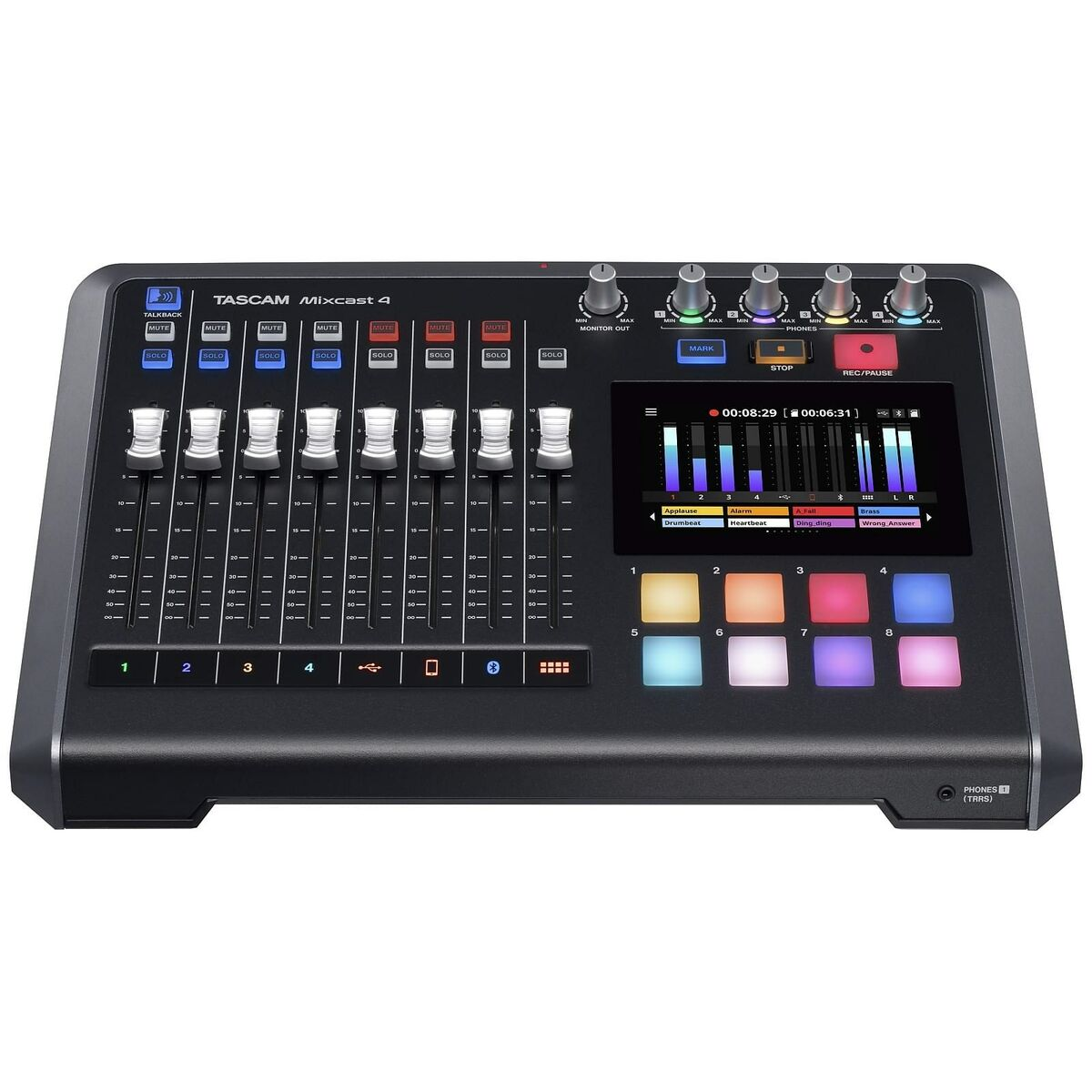 Ein Tascam Mixcast 4 Audiomixer. Er hat Fader, Knöpfe, einen Bildschirm und Drehregler. Der Bildschirm zeigt Audiopegel und Steuerelemente an.