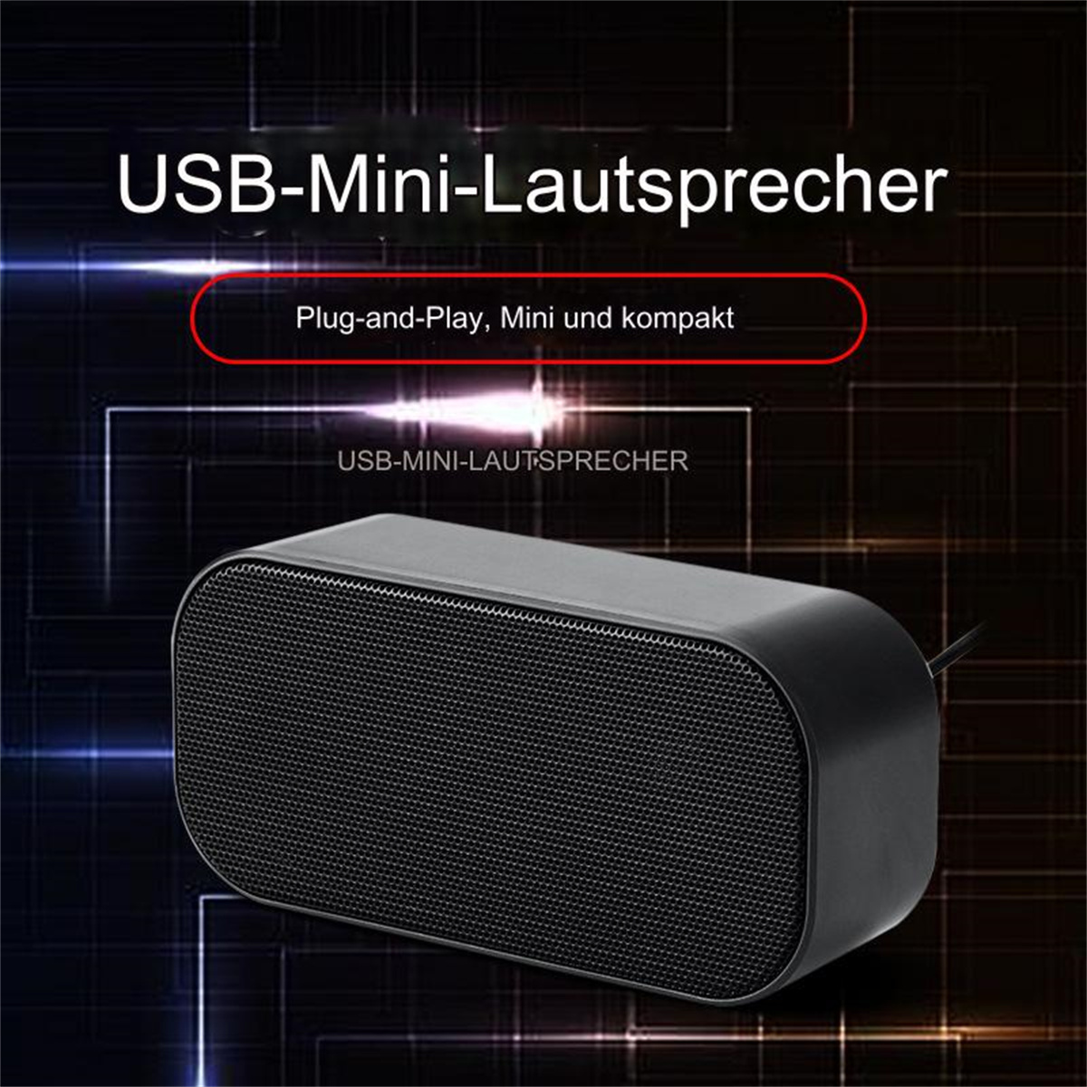 Ein schwarzer USB-Mini-Lautsprecher. Text lautet 'USB-Mini-Lautsprecher' und 'Plug-and-Play, Mini und kompakt'. Der Hintergrund ist dunkel.