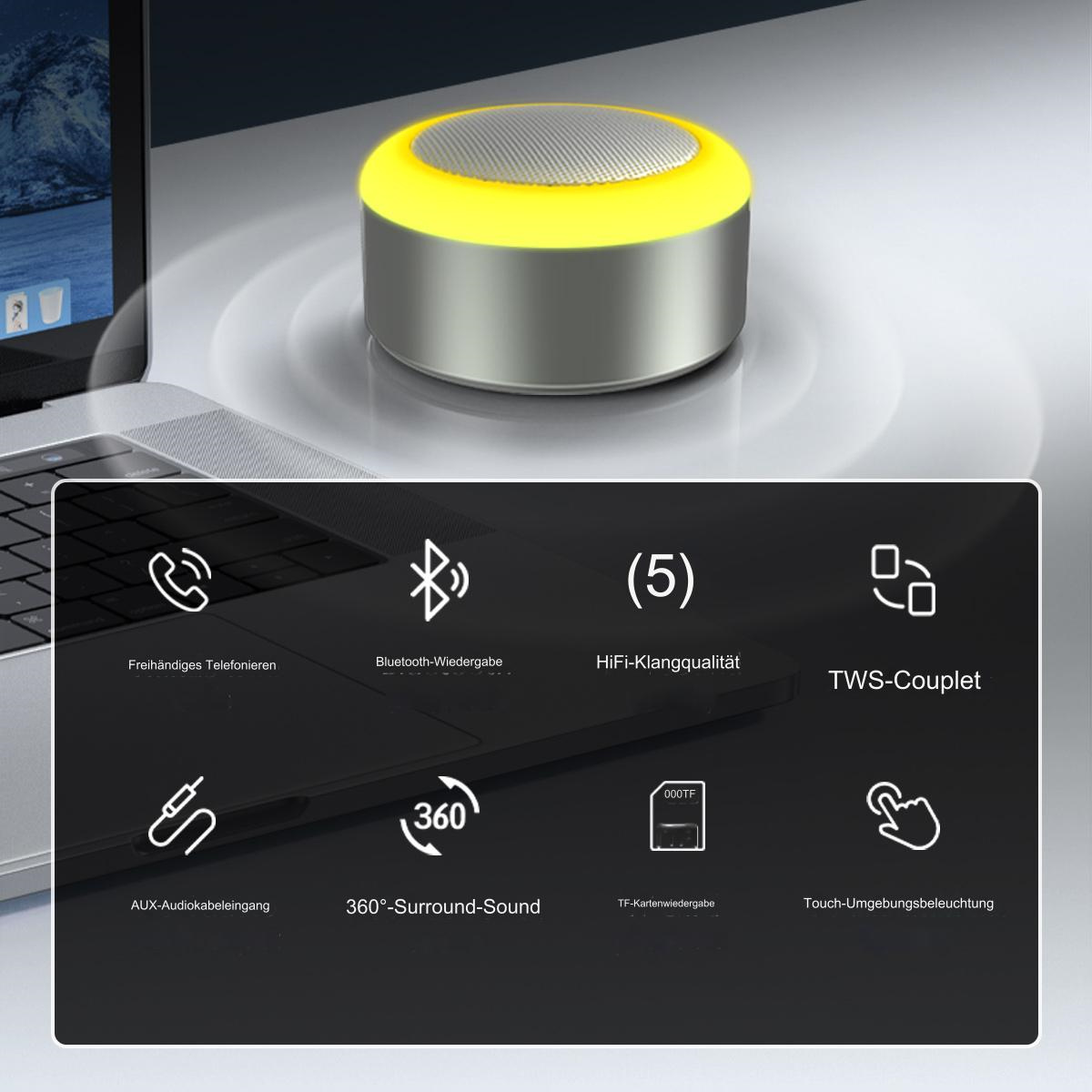 Ein silberner und gelber Lautsprecher steht auf einer Oberfläche in der Nähe eines Laptops. Symbole heben seine Funktionen hervor: Bluetooth, HiFi, TWS, AUX, 360 Sound, TF-Karte und Touch.