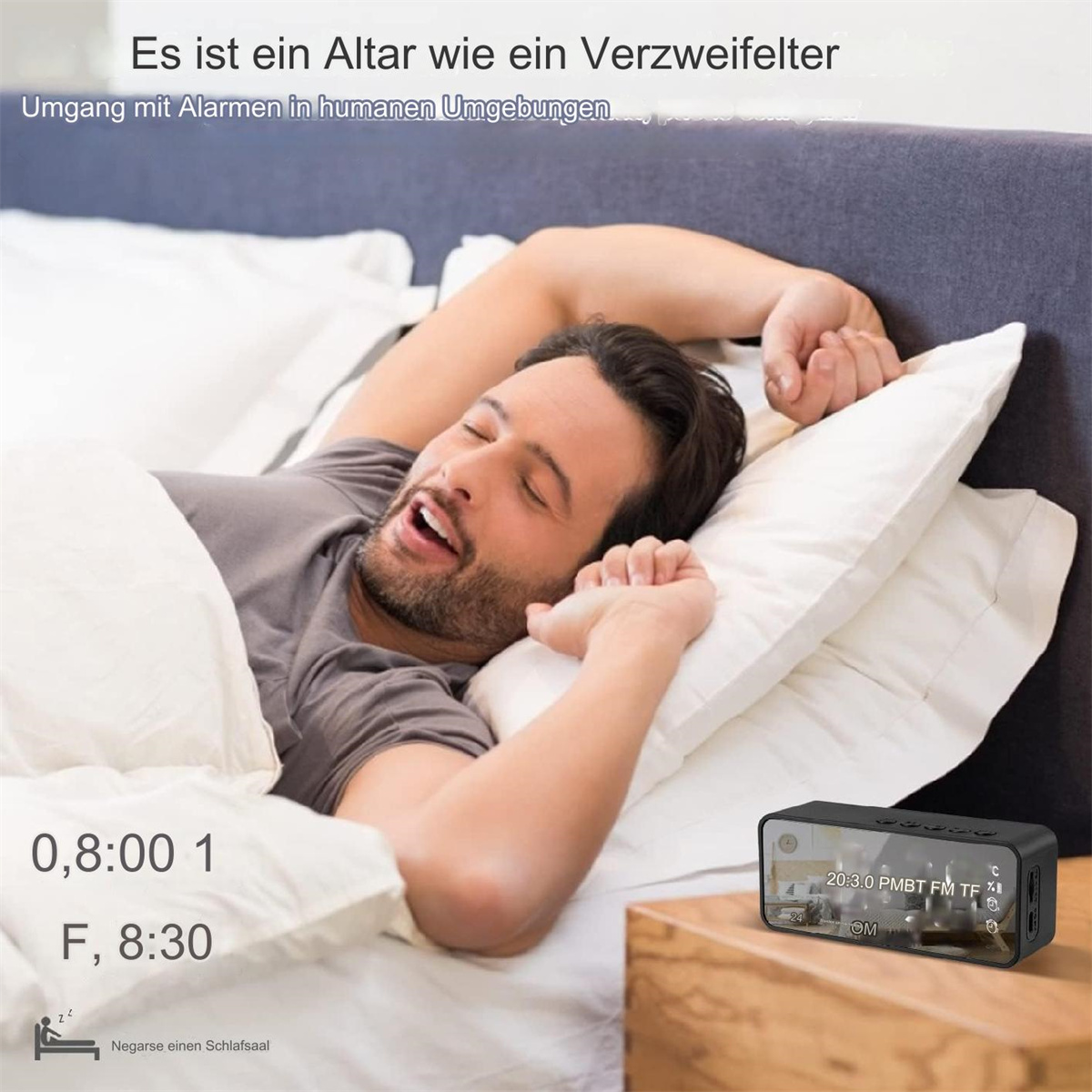 Ein Mann liegt im Bett und gähnt. Eine Uhr steht auf einem Nachttisch. Überlagerter Text: 'Es ist ein Altar... Umgang mit Alarmen...'