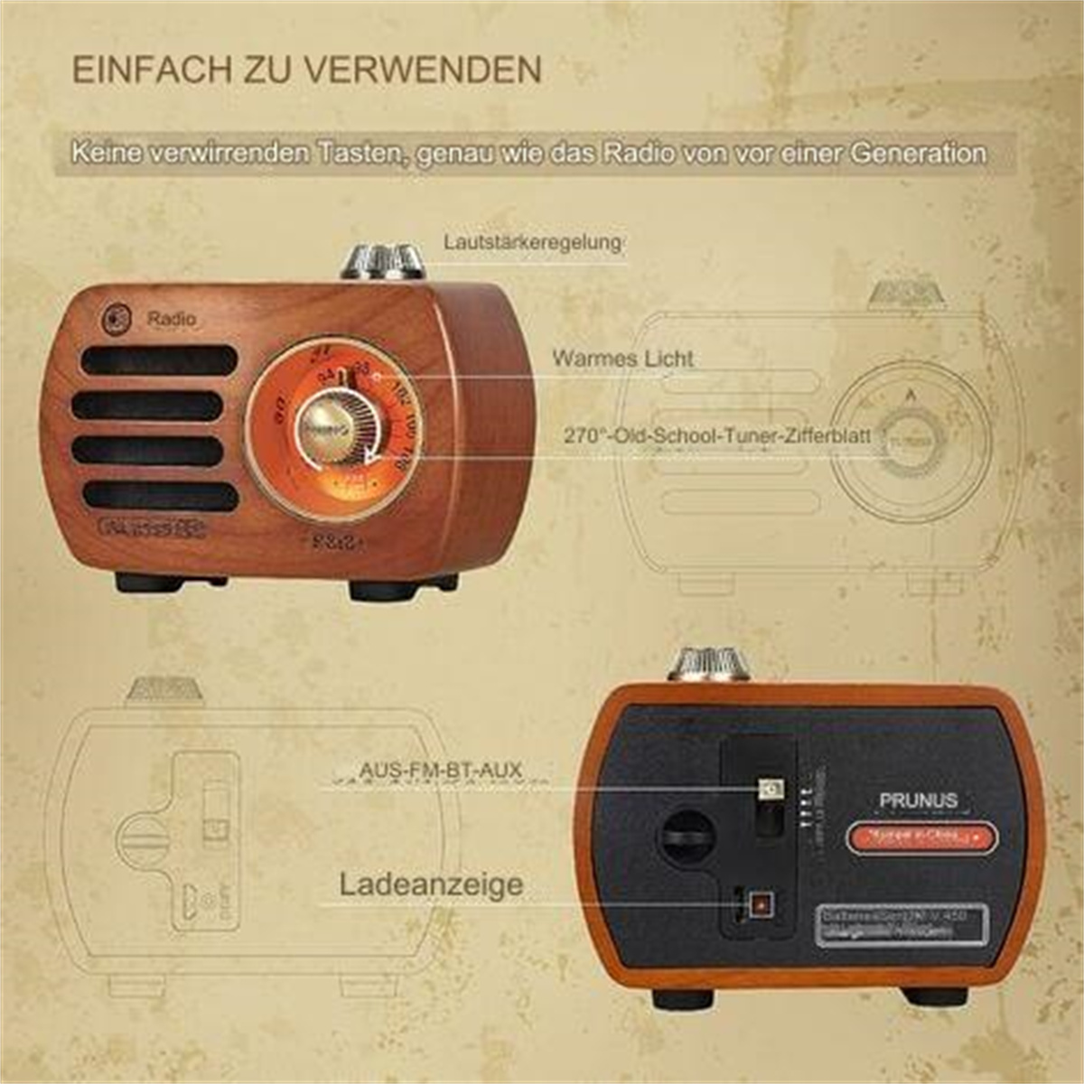Vintage-Radio mit Holzoberfläche. Zifferblatt, Lautsprecher und Bedienelemente sichtbar. Auch Schema und Rückansicht mit Anschlüssen und Marke.