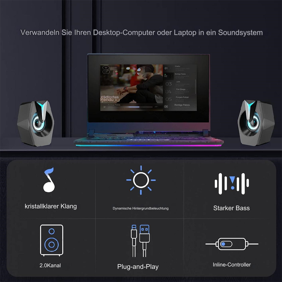 Laptop mit Lautsprechern, die Musik abspielen. Zu den Merkmalen gehören klarer Klang, dynamische Beleuchtung, starker Bass, 2.0-Kanal, Plug-and-Play, Inline-Controller.