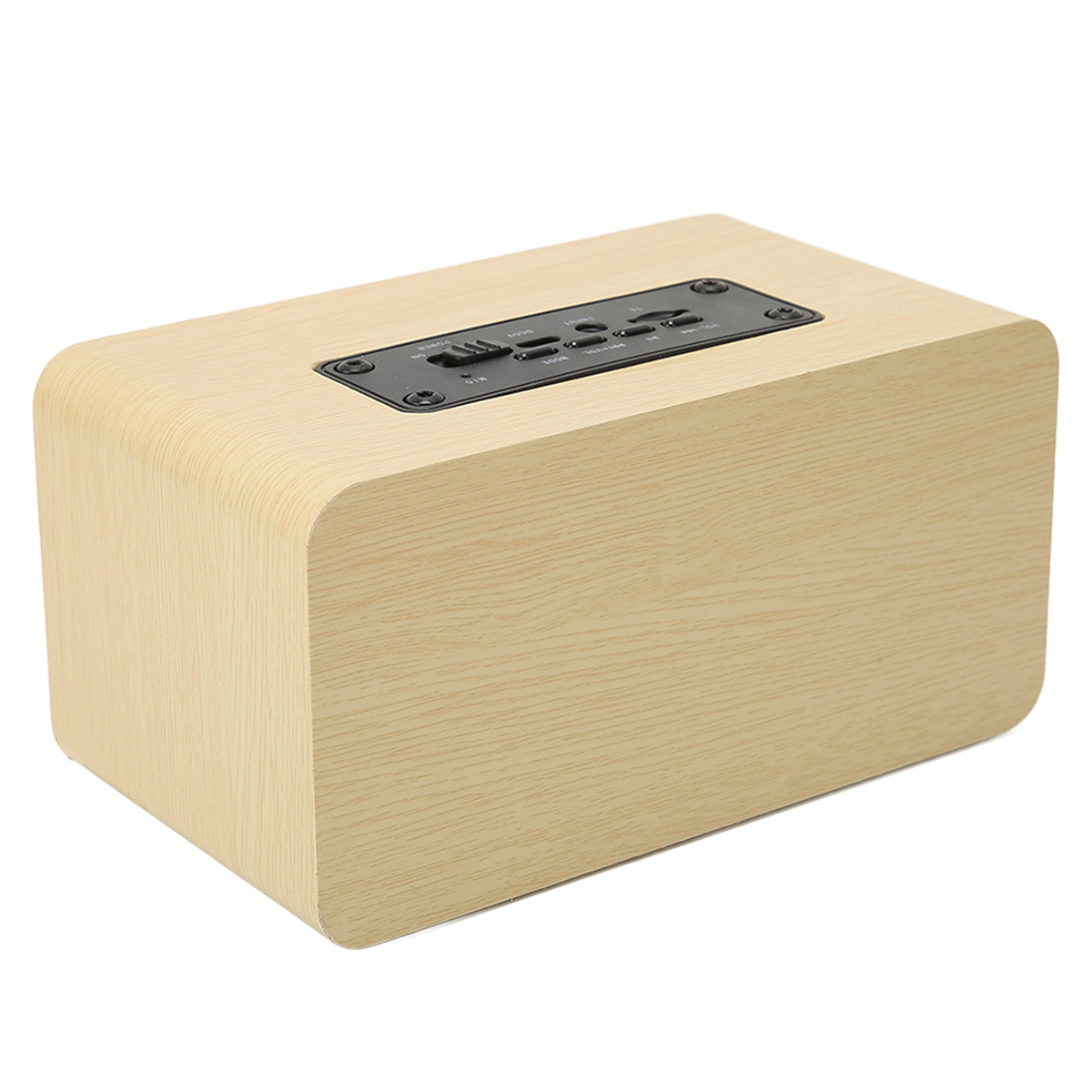 Ein rechteckiger Lautsprecher aus Holz mit Bedienfeld oben. Es hat eine helle Holzmaserung und abgerundete Kanten.