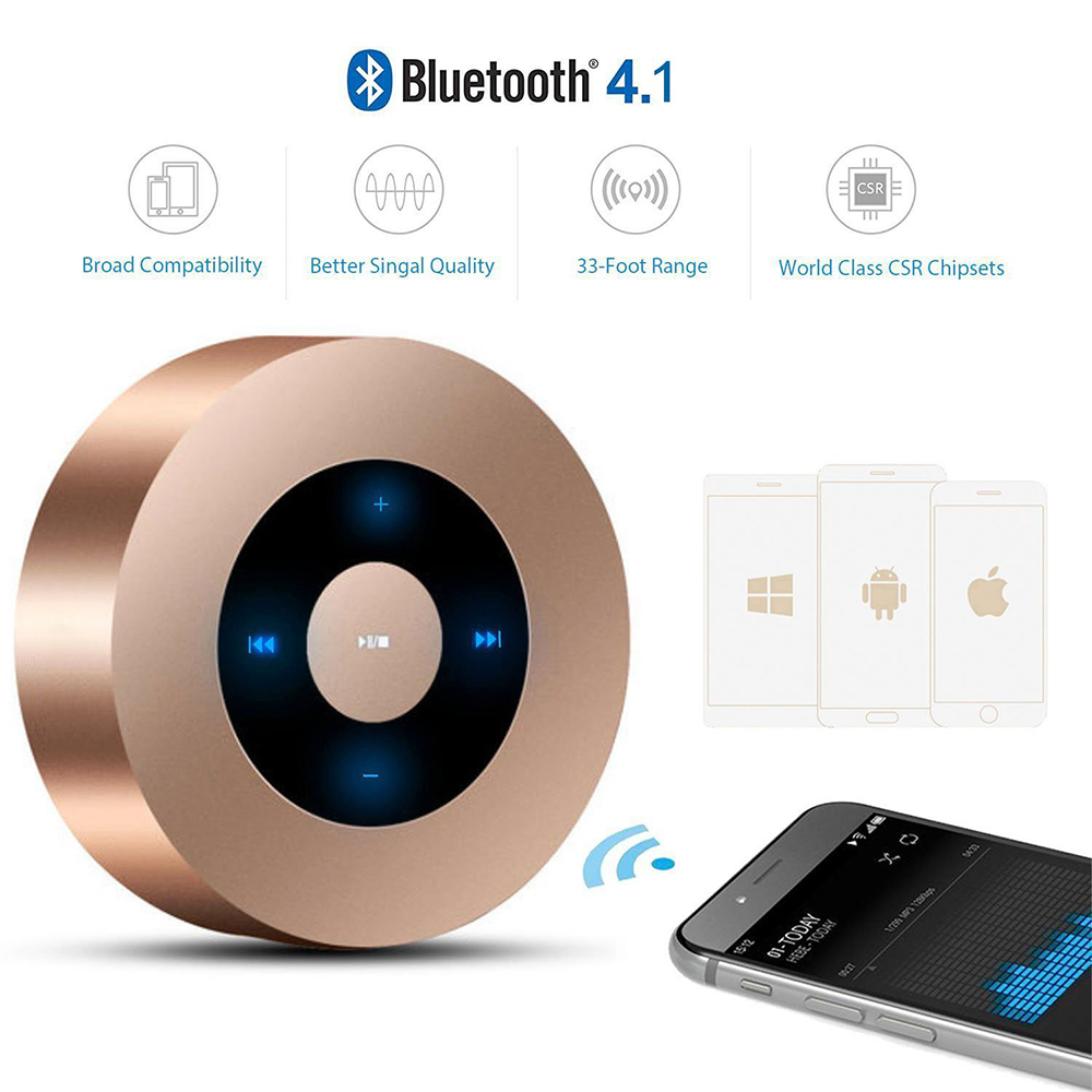 Ein goldener Bluetooth-Lautsprecher mit Steuertasten. Ein Telefon ist verbunden. Symbole für Kompatibilität und Reichweite im Hintergrund.