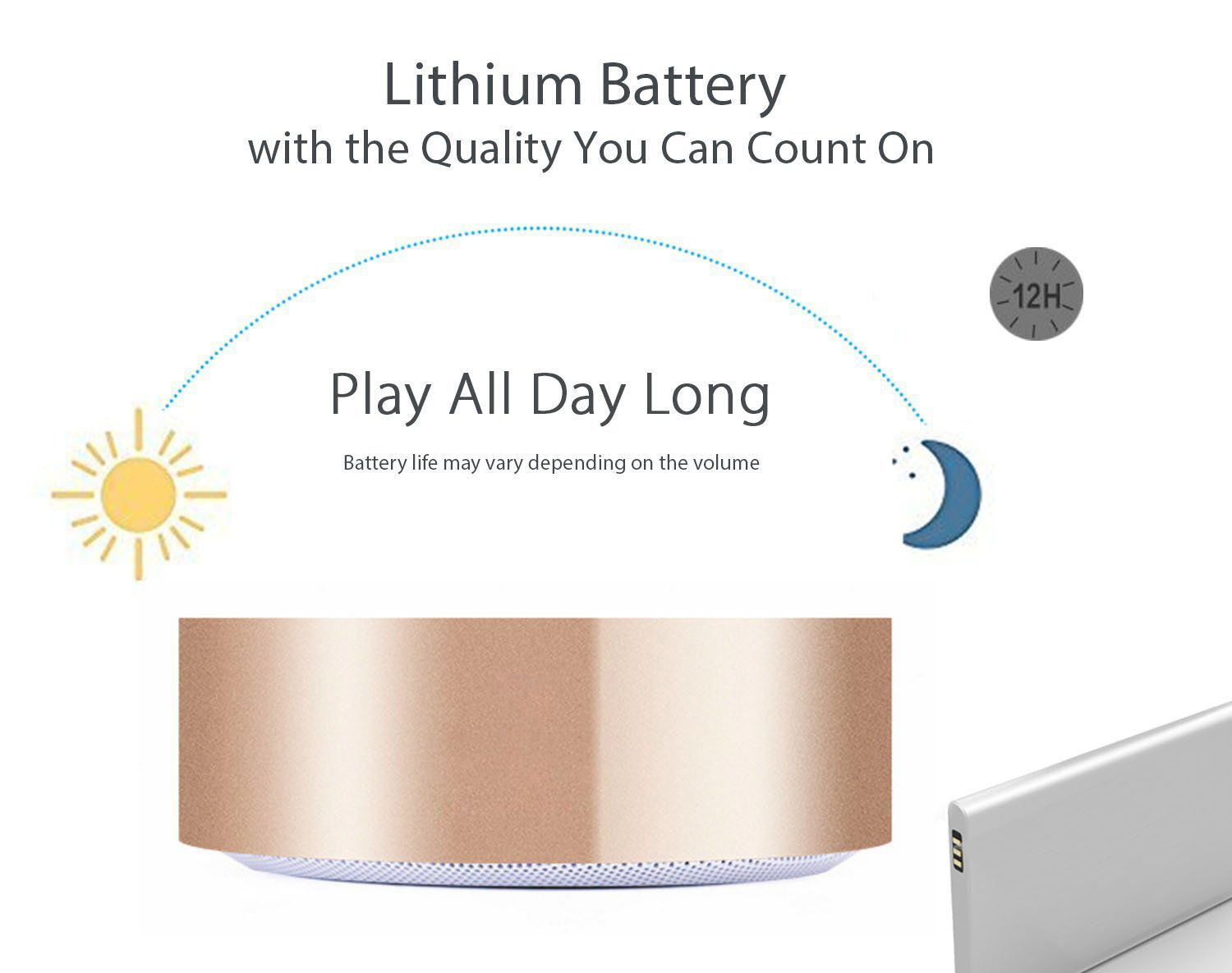 Werbebild. Text sagt: 'Lithium-Batterie, den ganzen Tag spielen'. Enthält Sonnen-, Mond-Icons und einen Lautsprecher. Auch eine Powerbank.