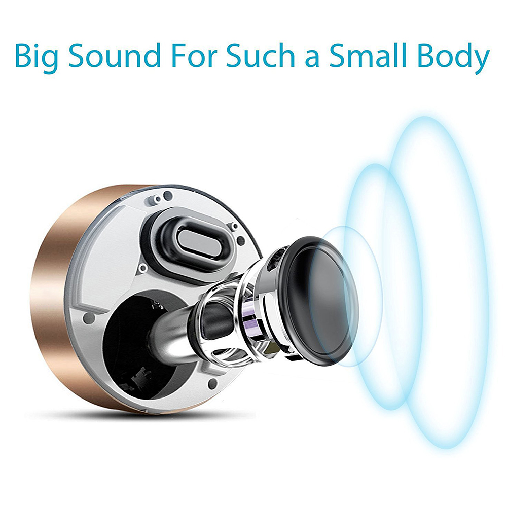 Ein kleiner, gold-silberner Lautsprecher mit schwarzem Konus. Blaue Schallwellen gehen vom Lautsprecher aus. Text: Big Sound For Such a Small Body.