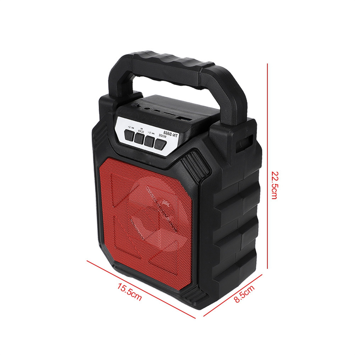 Schwarzer tragbarer Lautsprecher mit rotem Mesh-Front, Griff und Bedientasten. Abmessungen: 22,5 cm, 15,5 cm und 8,5 cm.