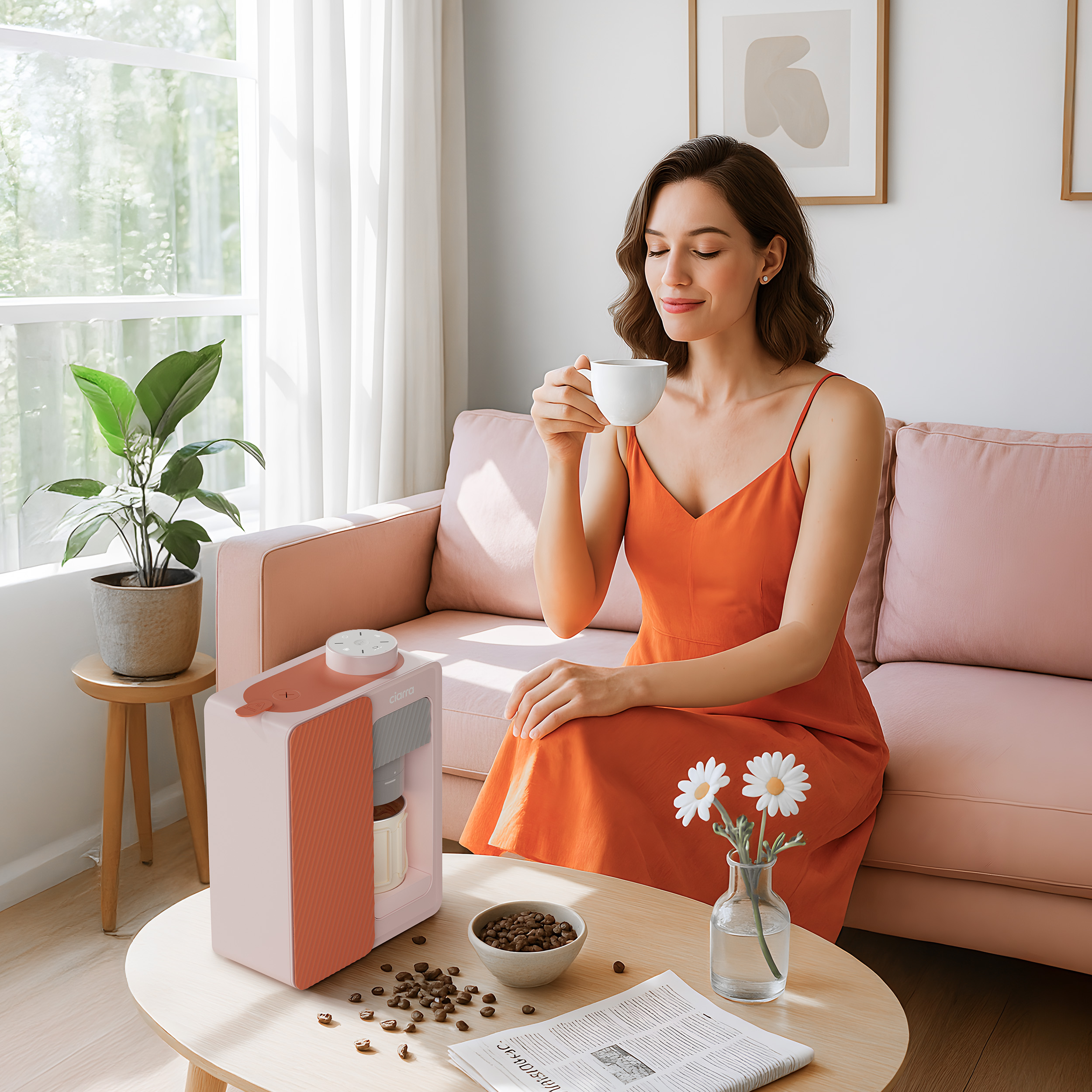 Mujer en vestido naranja bebe café, sentada en sofá rosa. Cafetera, granos, flores en la mesa.