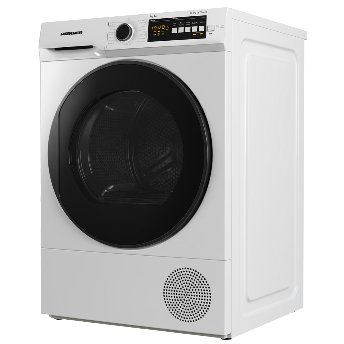 Een witte Heinner droger. Hij heeft een zwarte deur en bedieningspaneel. Het display toont cijfers. De droger staat op een wit oppervlak.