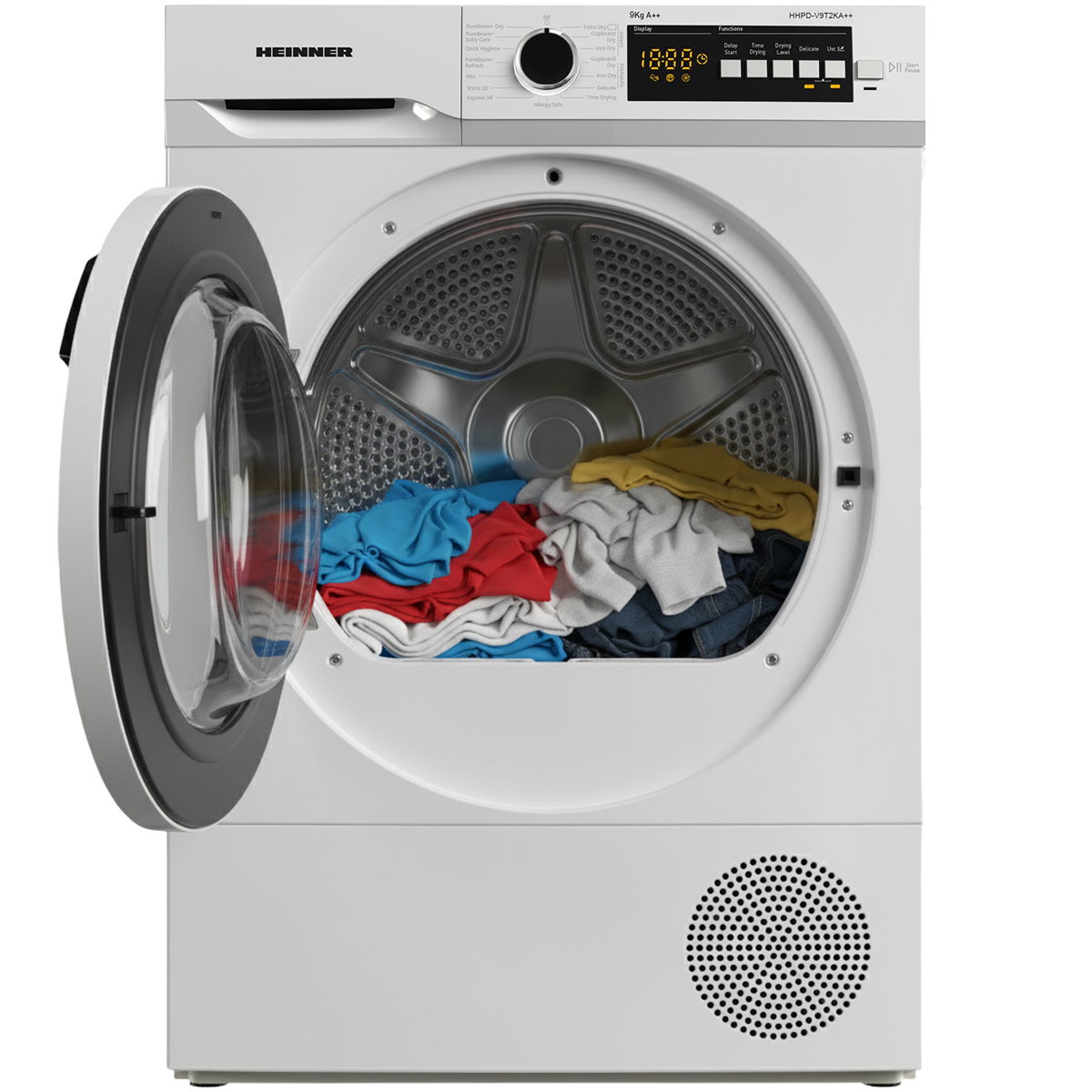 Witte droger met open deur. Binnenin zitten kleurrijke kleren. Digitaal display en bedieningspaneel zichtbaar. Merknaam Heinner is zichtbaar.
