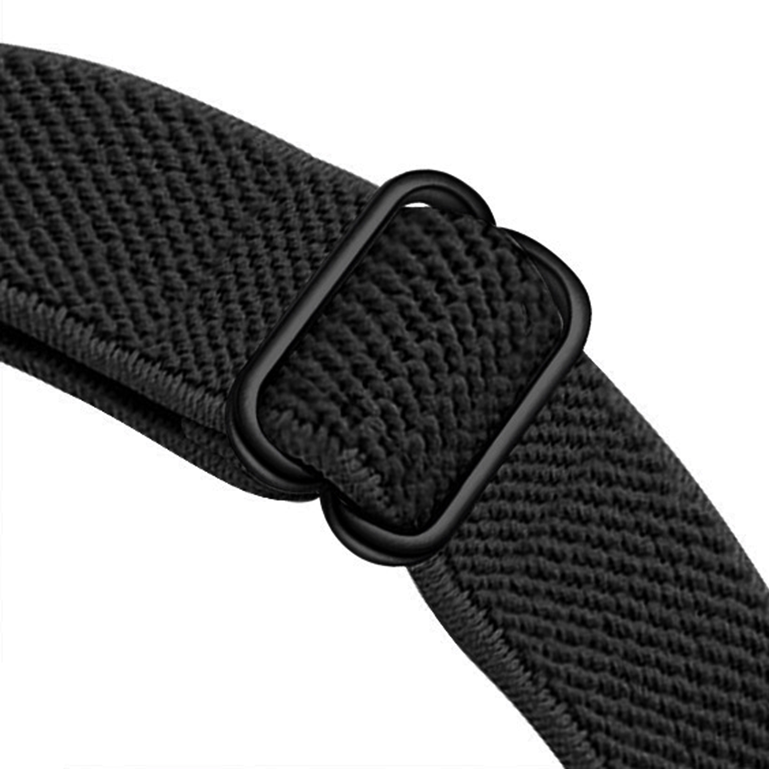 Nahaufnahme eines schwarzen elastischen Bandes mit einer schwarzen Metallschnalle. Das Band hat eine gewebte Textur. Die Schnalle ist rechteckig.