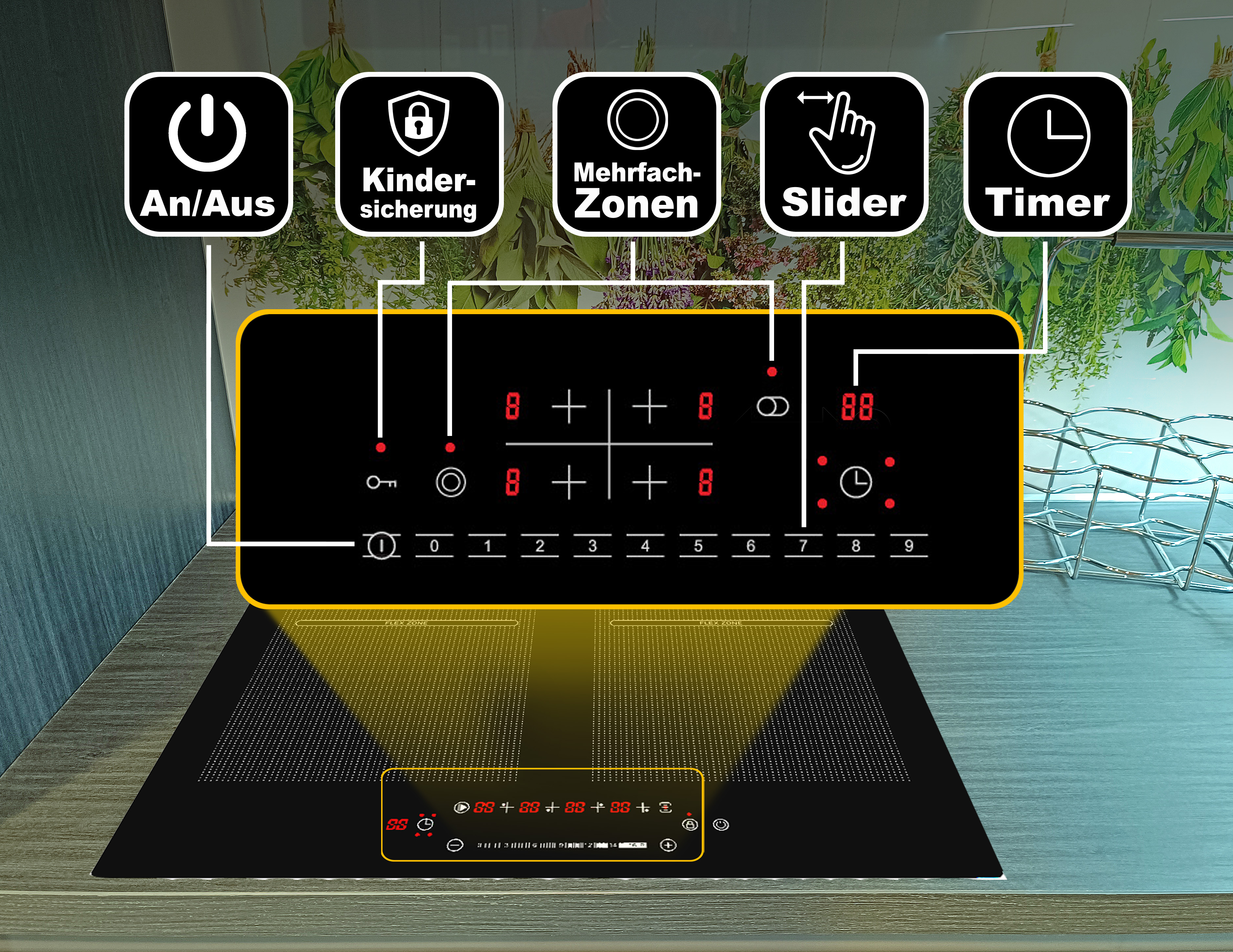 Schwarzes Induktionskochfeld mit Touch-Bedienelementen. Symbole für Ein/Aus, Kindersicherung, Mehrfachzone, Slider und Timer.