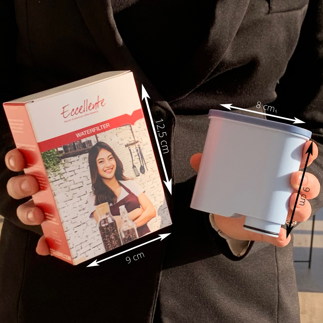 A person holds a water filter box and a filter. The box has a picture of a woman. Dimensions are marked on the items.