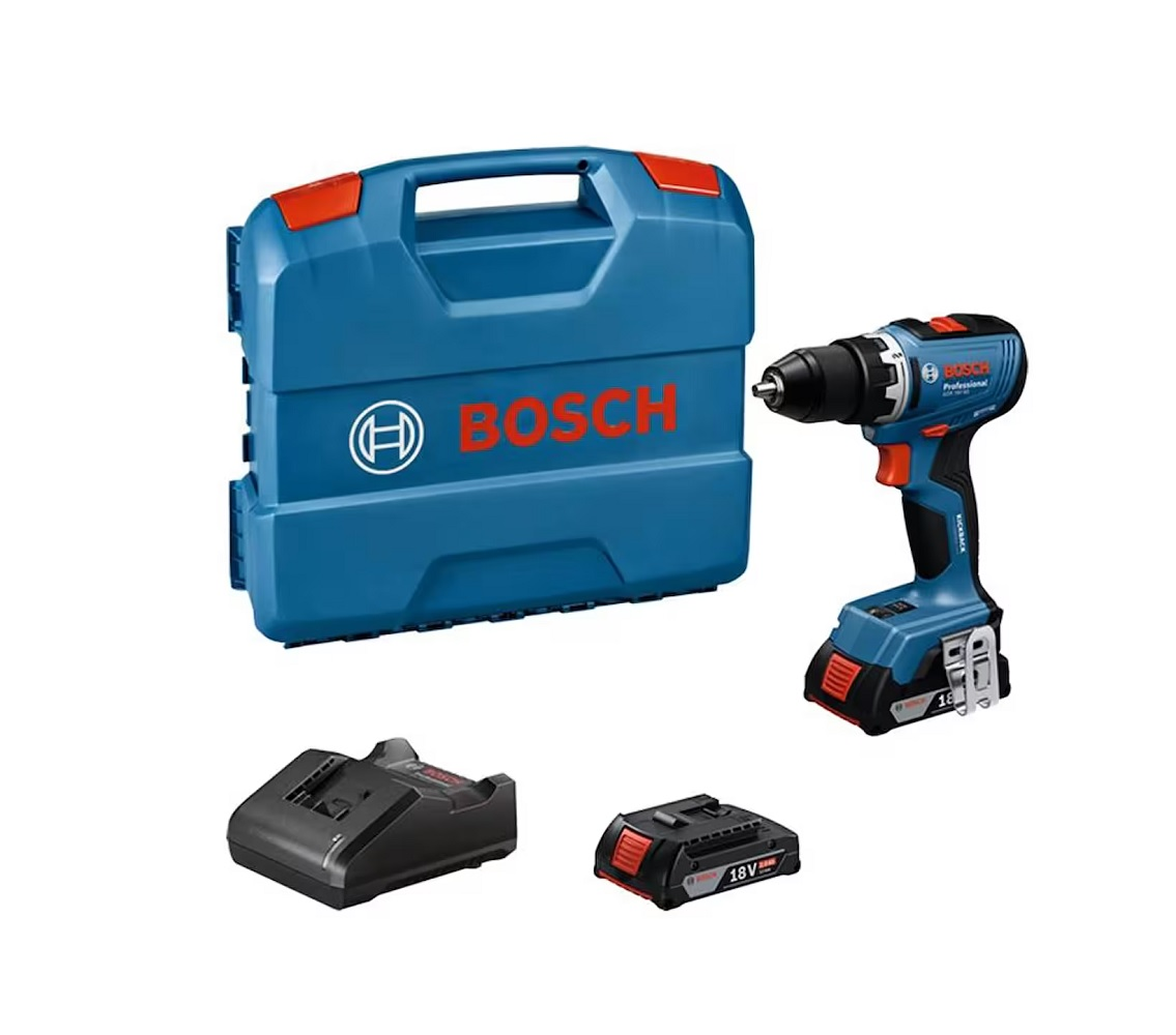 Un trapano Bosch blu, custodia e due batterie su sfondo bianco. La custodia è blu con manico rosso.