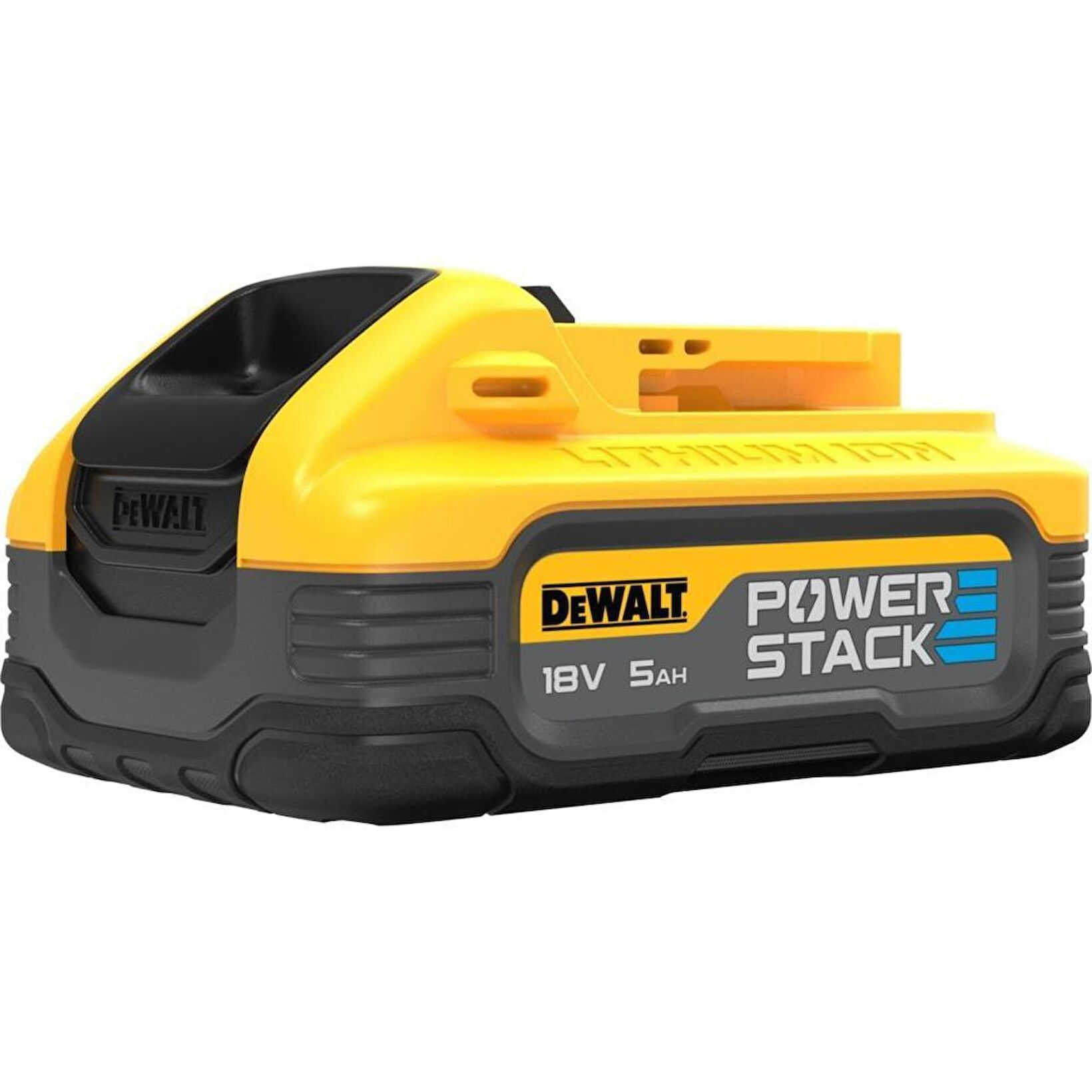 Sarı ve siyah bir DeWalt 18V 5Ah Powerstack pili. Pilin sarı bir üst kısmı, siyah bir tabanı ve DeWalt logosu var.