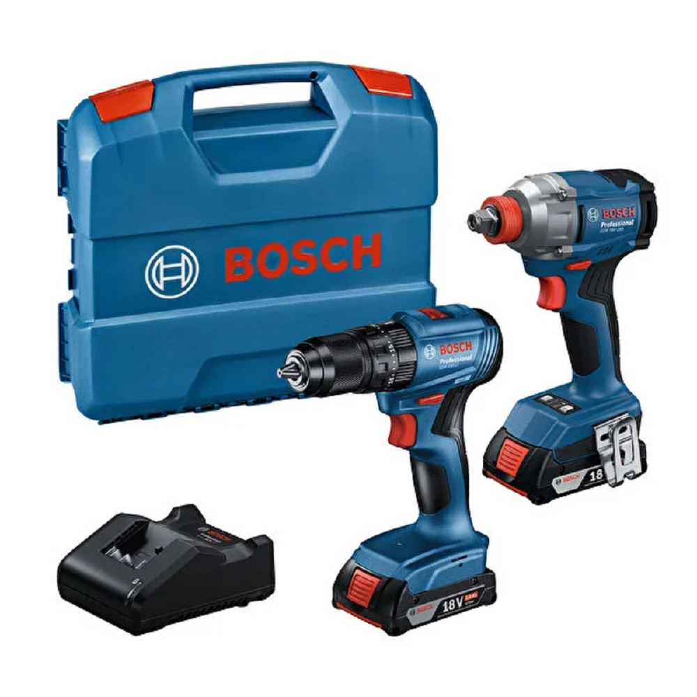 Mavi bir Bosch matkap seti. Bir çanta, iki matkap ve bir şarj cihazı içerir. Matkaplar mavi ve kırmızı detaylıdır.