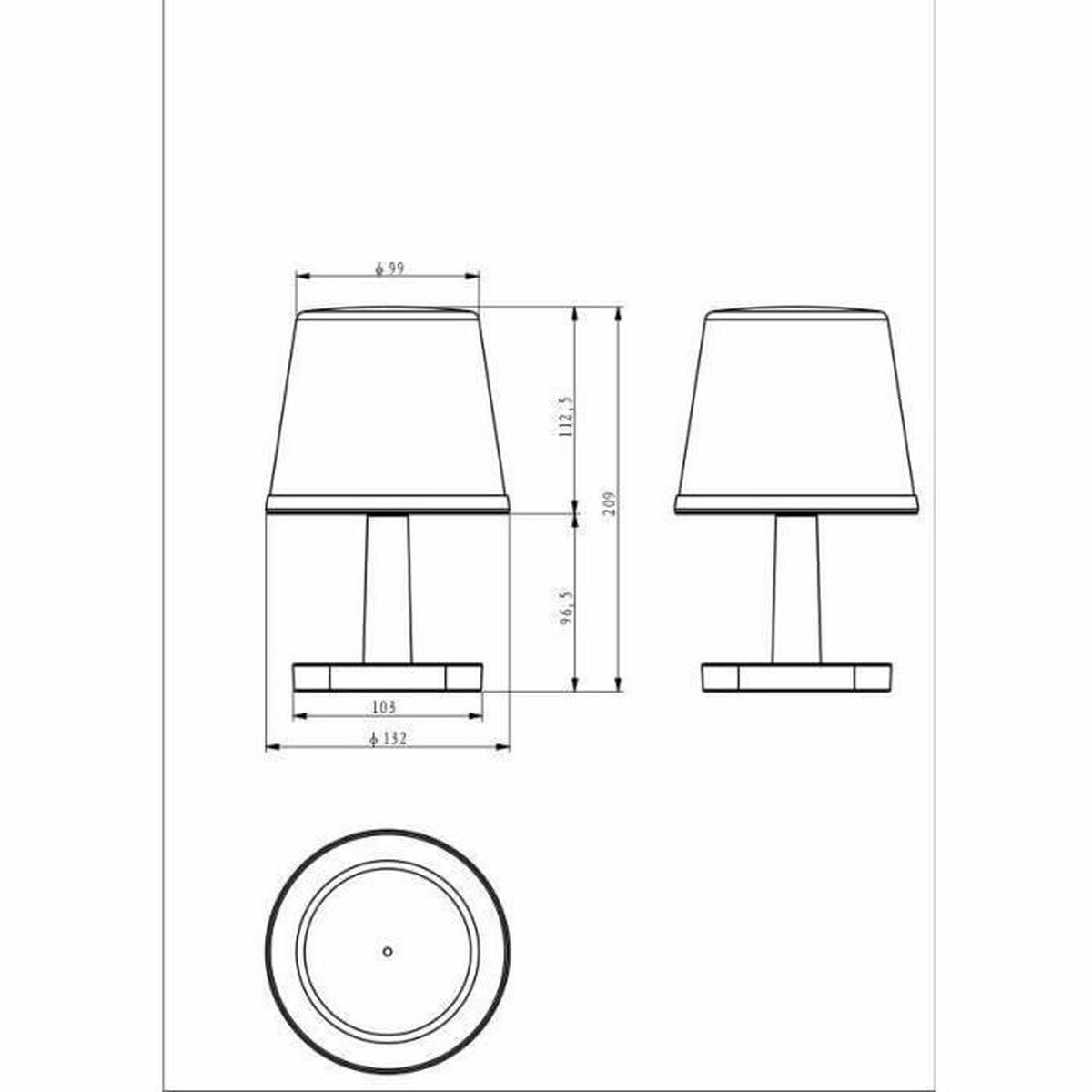 Technische Zeichnung einer Lampe. Sie zeigt die Lampe aus verschiedenen Winkeln mit Maßen und Messungen in Millimetern.