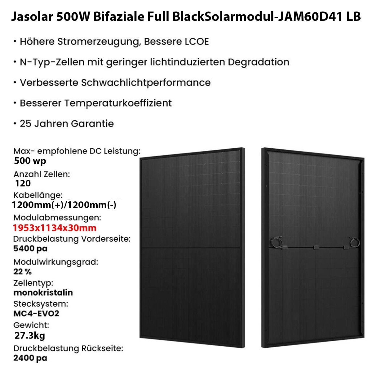Das Bild zeigt zwei schwarze Solarmodule, Text mit Spezifikationen auf der linken Seite, einschließlich Leistung und Abmessungen.