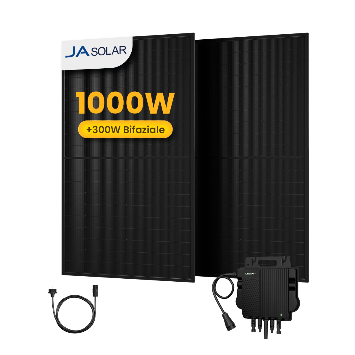 Solarpaneele mit 1000W und +300W Bifaziale-Text. Enthält einen Wechselrichter und Anschlüsse. Schwarze Paneele sind im Fokus.