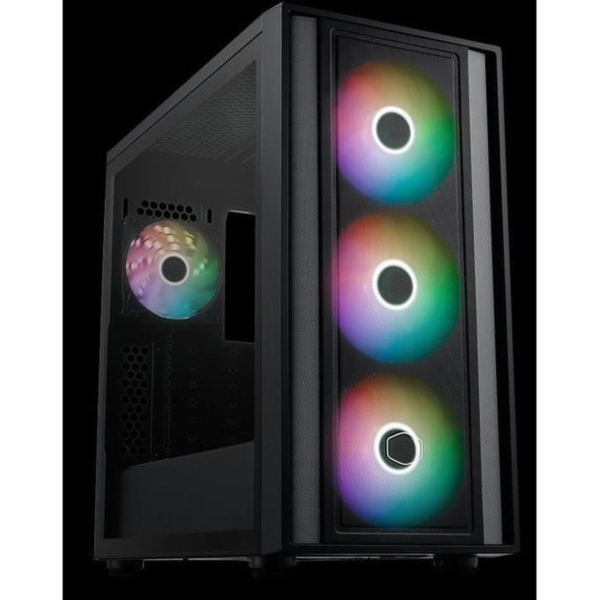 Ein schwarzes Computergehäuse mit drei RGB-Lüftern vorne und einem hinten. Die Lüfter haben ein kreisförmiges Design und leuchten.