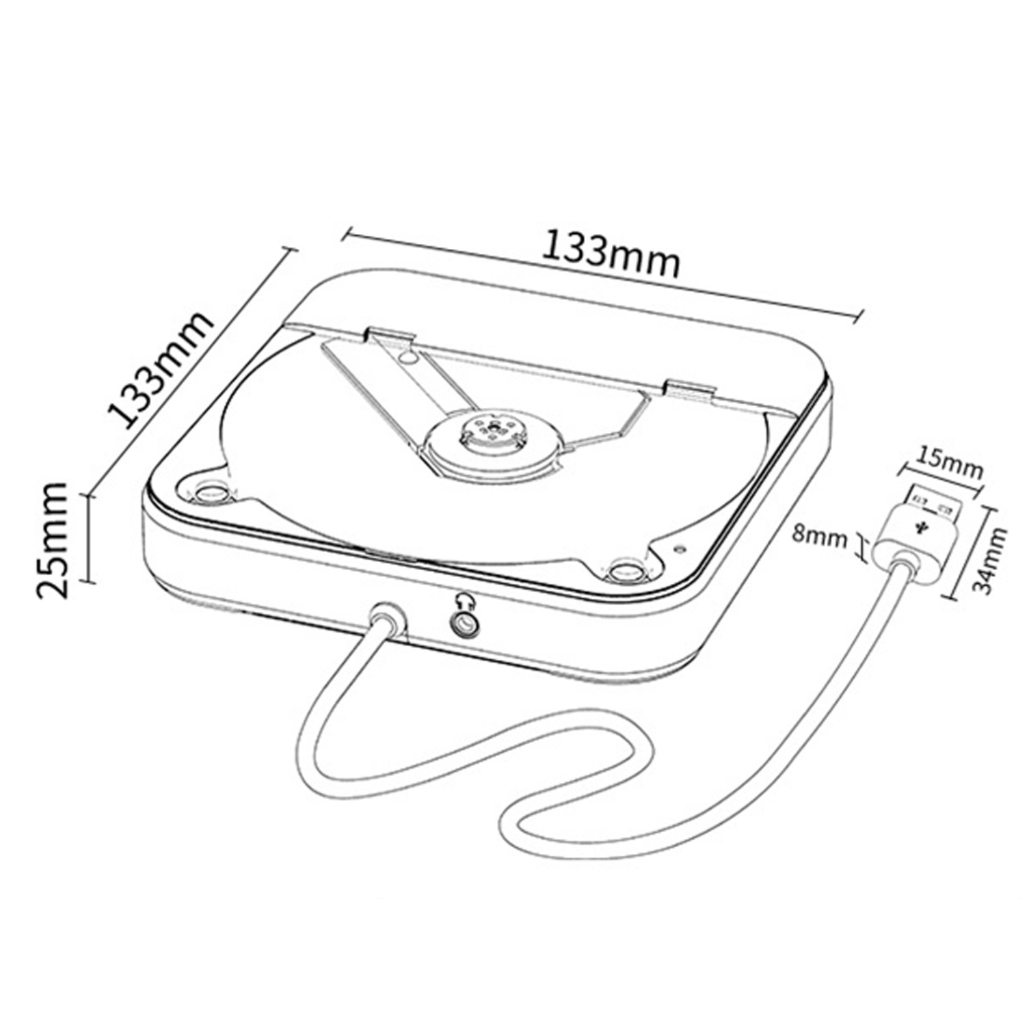 Diagramm eines quadratischen Geräts mit Maßen, USB-Kabel und Abmessungen. Das Gerät ist 133 mm x 133 mm x 25 mm groß. Der USB-Anschluss ist 34 mm x 15 mm.