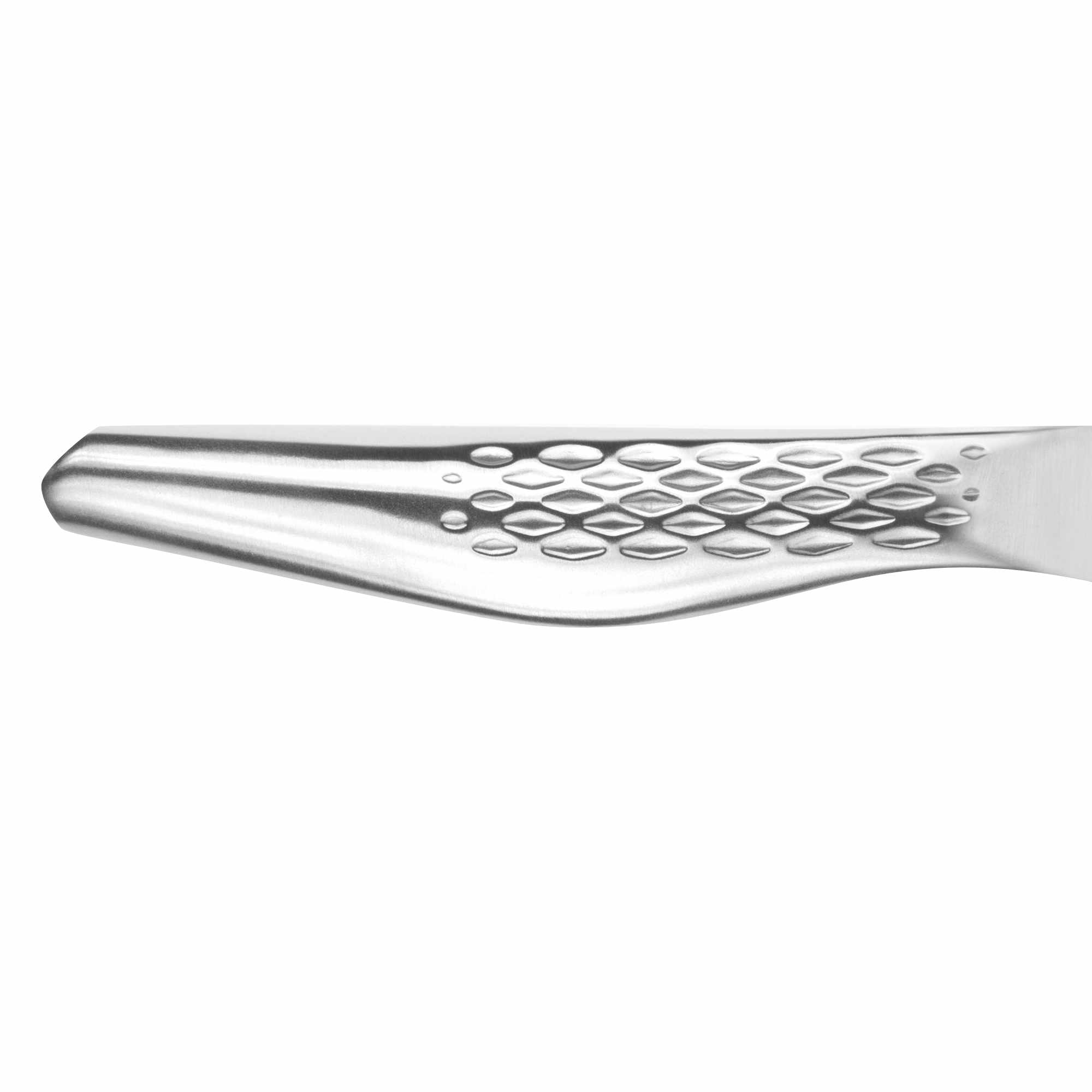 Nahaufnahme eines silbernen Metallutensils. Es hat einen strukturierten Griff mit rautenförmigen Mustern und eine glatte, gebogene Klinge.