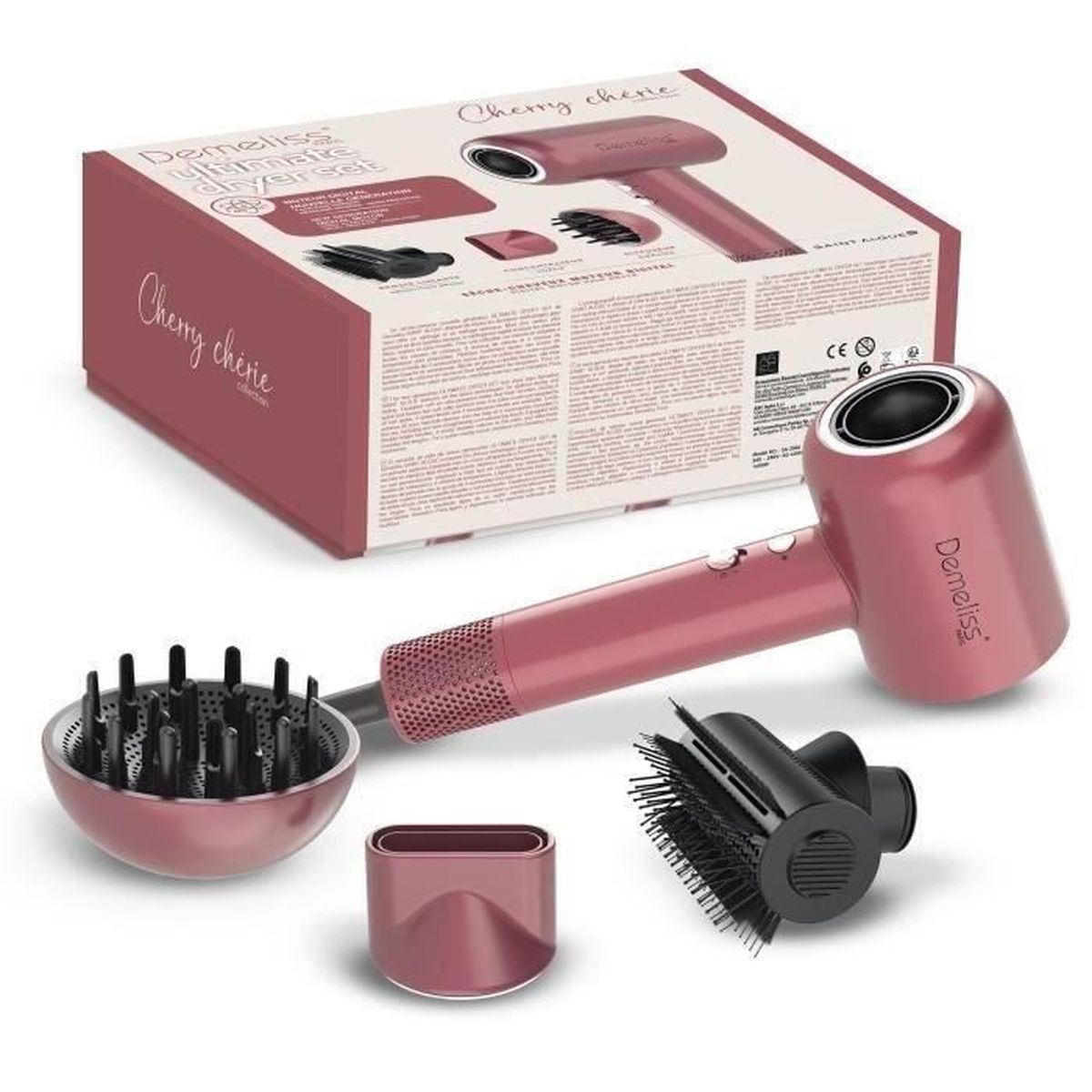 Ein pinkfarbenes Haartrockner-Set, einschließlich Trockner, Diffusor und Bürsten, wird auf einer weißen Oberfläche gezeigt.