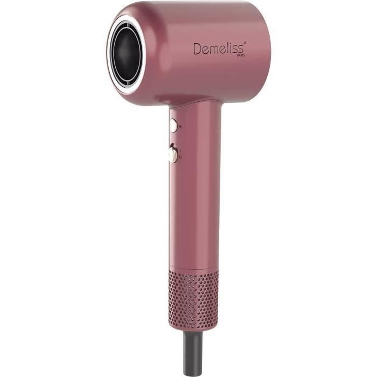 Ein pinkfarbener Haartrockner, Marke Demeliss Paris, vor weißem Hintergrund. Er hat eine T-Form mit perforiertem Griff.