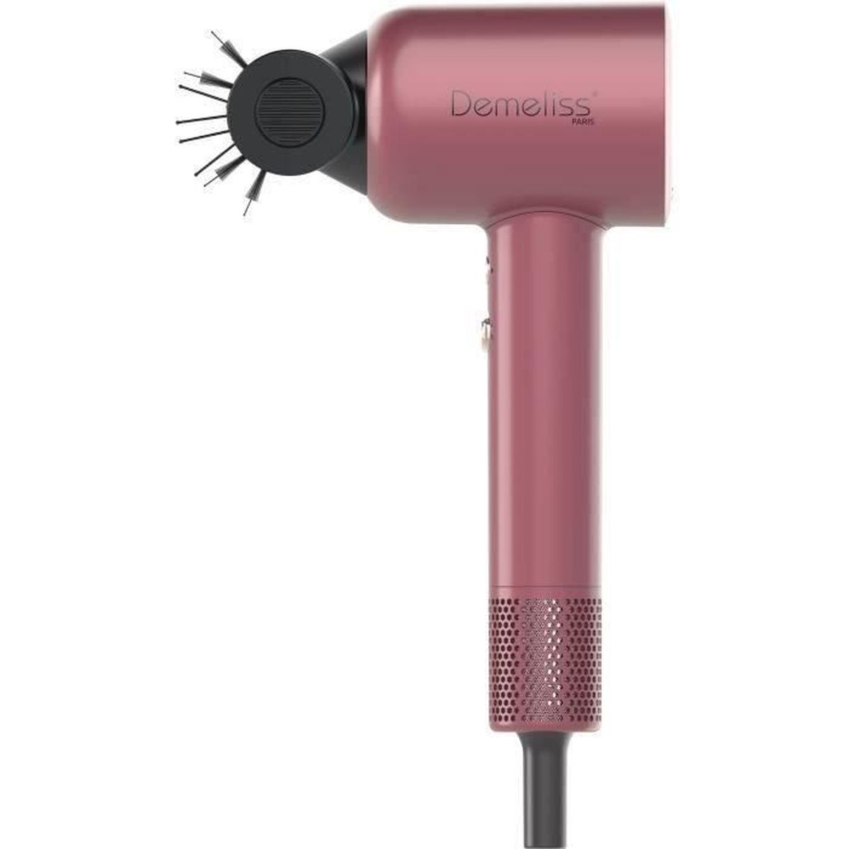 Ein rosa Haartrockner mit schwarzer Düse und Griff. Der Markenname 'Demeliss' ist sichtbar.