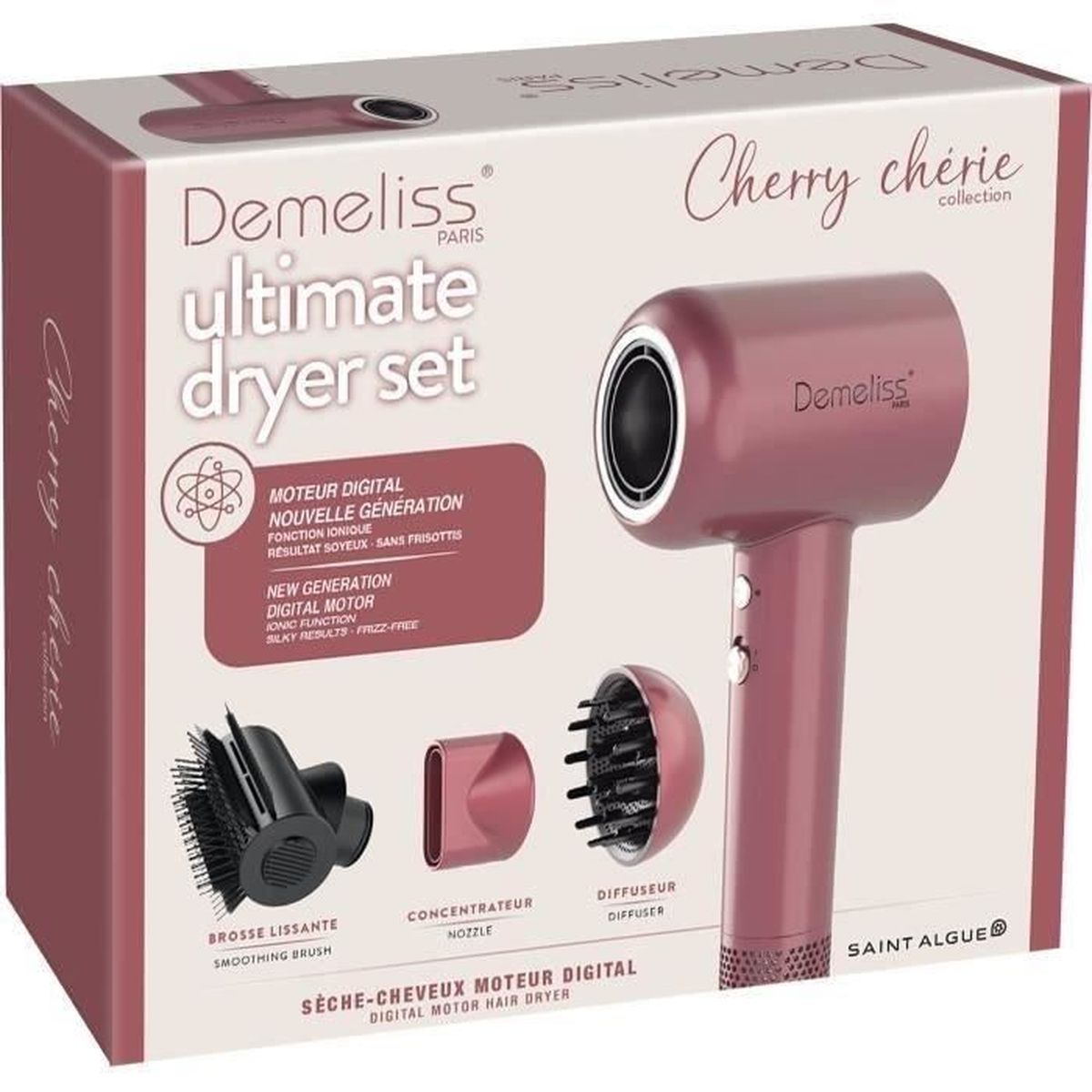 Ein rosa Demeliss Haartrockner-Set. Enthält Trockner, Bürste, Düse und Diffusor. Auf der Box steht 'ultimate dryer set'.