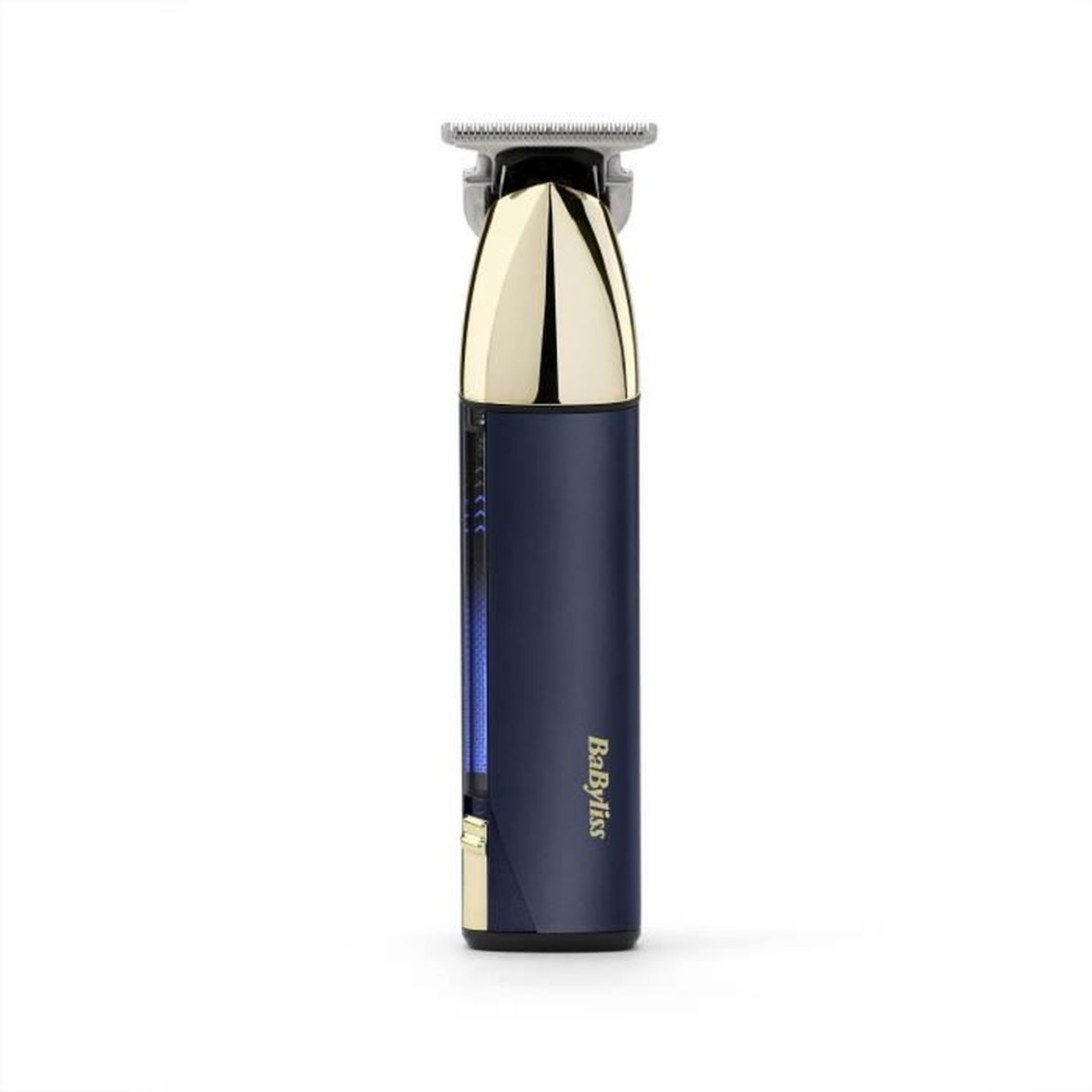 A blue and gold BaByliss trimmer. The trimmer has a gold top and base. The body is dark blue with the BaByliss logo.