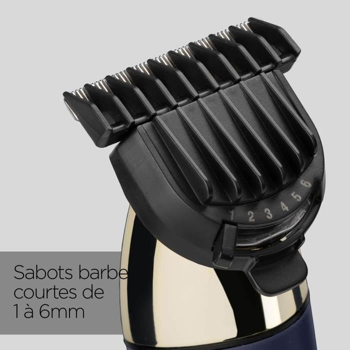 Close-up of a black and gold beard trimmer with numbered settings. The blade guard indicates settings from 1 to 6 mm.