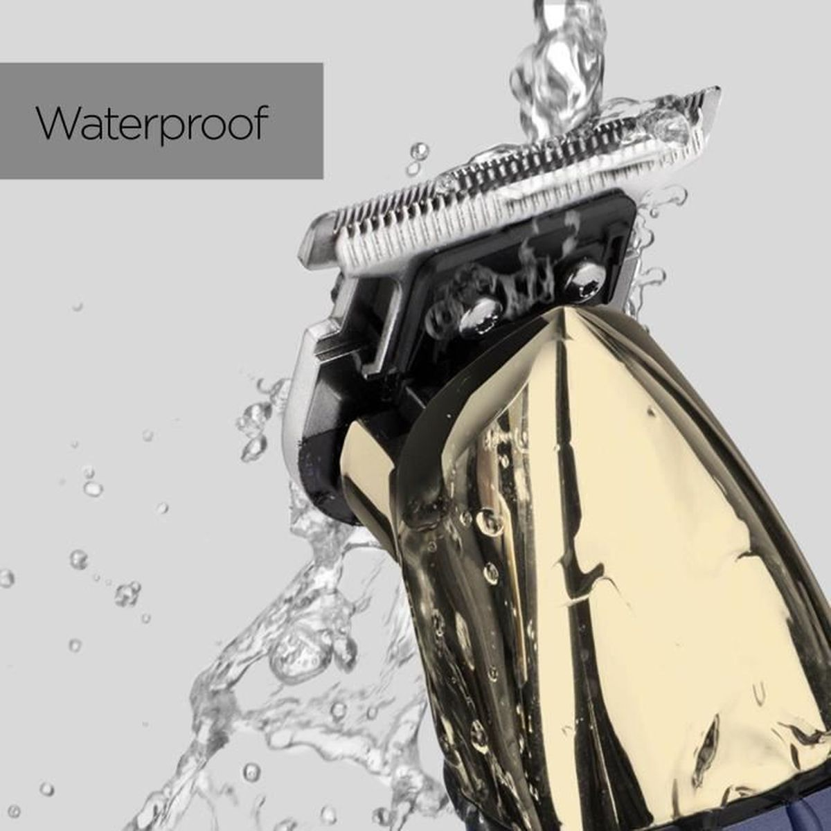 A gold and black waterproof hair clipper is shown with water splashing around it. The word 'Waterproof' is present.