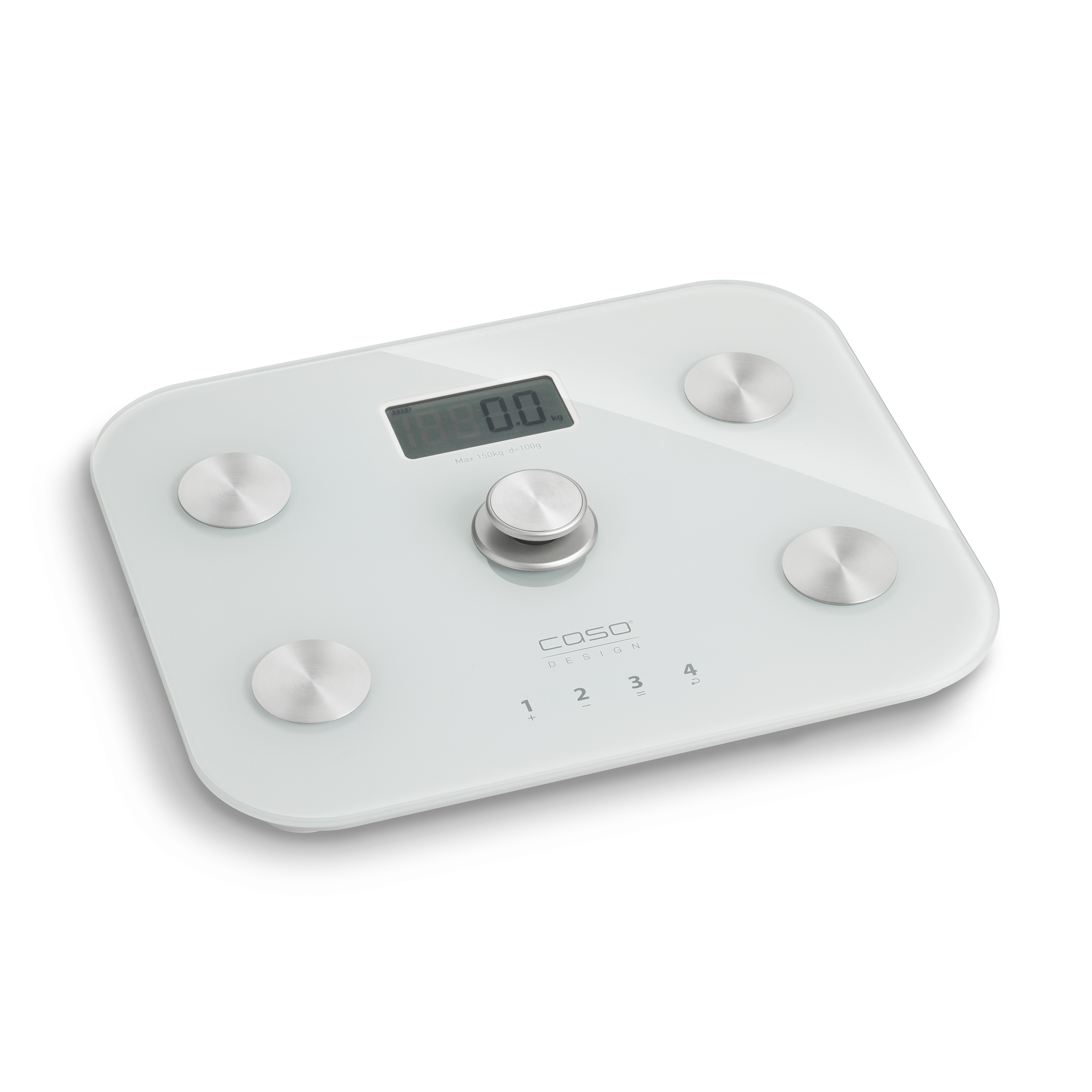 Eine weiße digitale Badezimmerwaage mit Digitalanzeige, die 0,0 kg anzeigt. Sie hat vier silberne runde Füße und eine zentrale Steuerung.