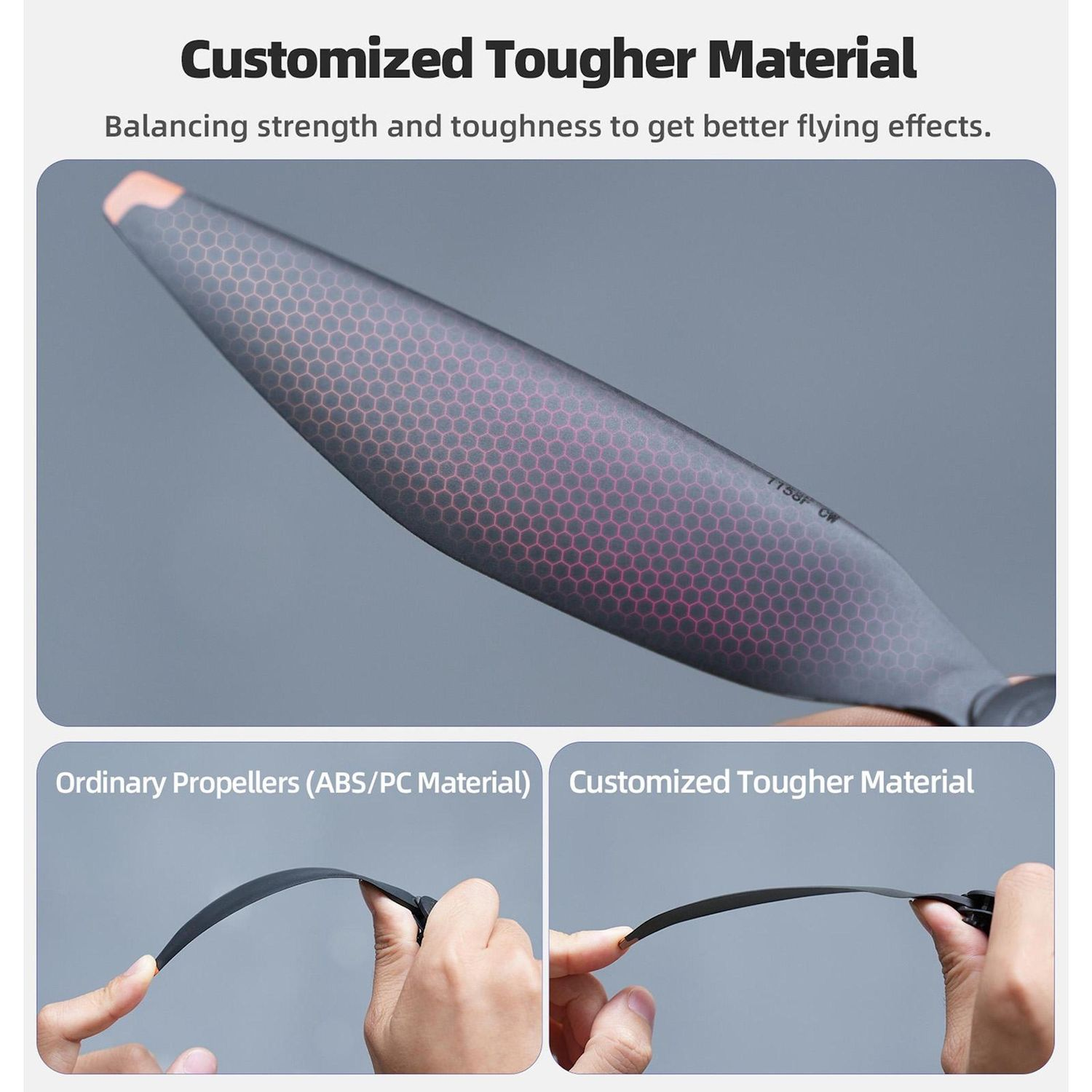 L'immagine mostra un'elica per droni con un motivo esagonale rosa. Il testo dice 'Customized Tougher Material'. Due immagini più piccole mostrano la flessibilità.