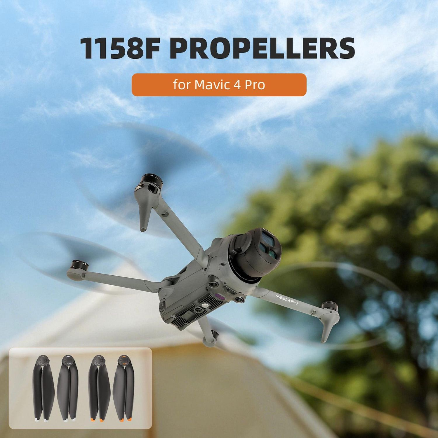Un drone con eliche in rotazione contro un cielo blu. Il testo dice '1158F PROPELLERS for Mavic 4 Pro'. Sono mostrate eliche aggiuntive.