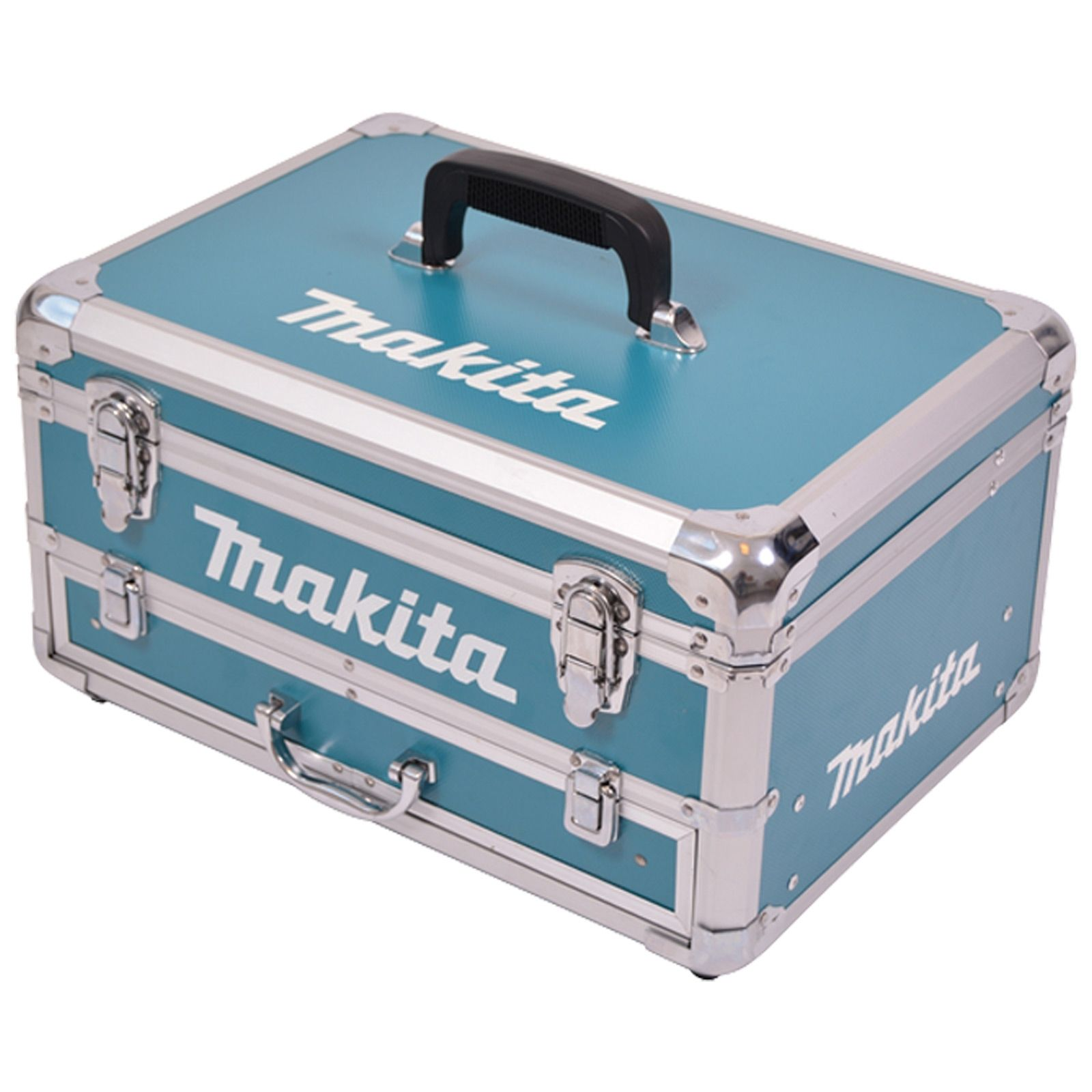 Ein türkisfarbener Makita Werkzeugkoffer mit silbernen Zierleisten, Griff und Verschlüssen. Das Makita-Logo ist sichtbar.