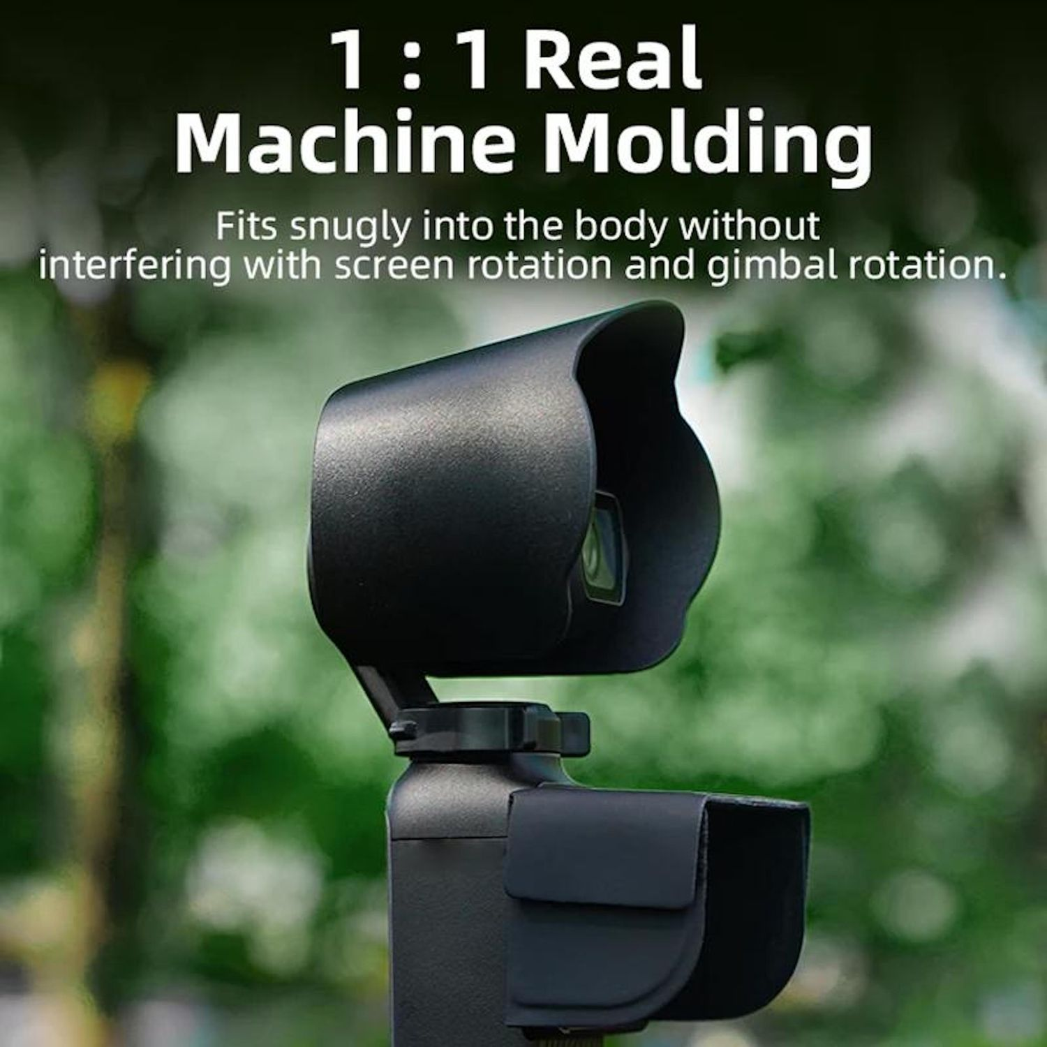 Accessorio per fotocamera nero che si adatta perfettamente. Il testo dice '1:1 Real Machine Molding' e 'Si adatta perfettamente al corpo'.