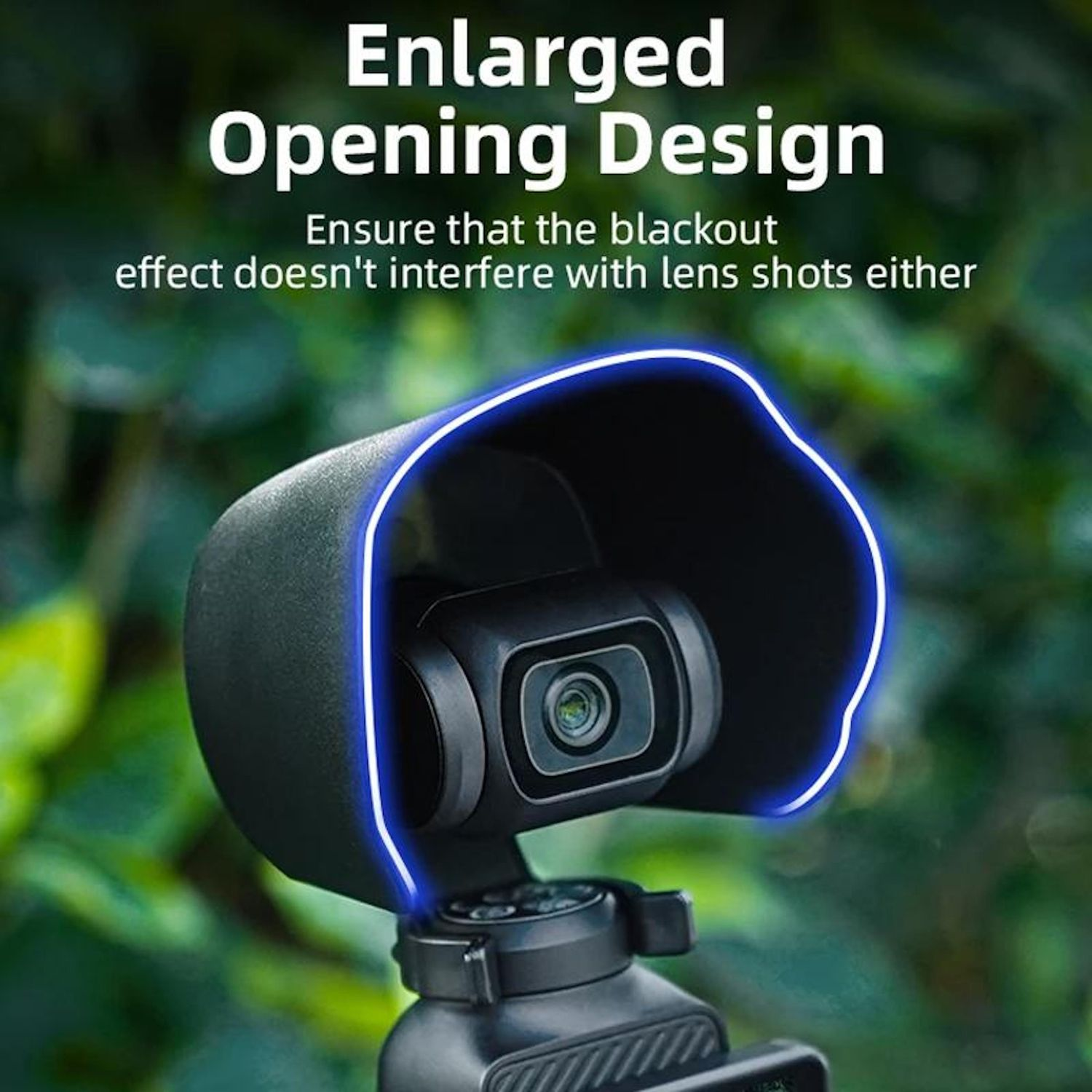 Una fotocamera nera con un contorno blu. Testo: Design di apertura ampliato. Assicurarsi che l'effetto blackout non interferisca con gli scatti dell'obiettivo.