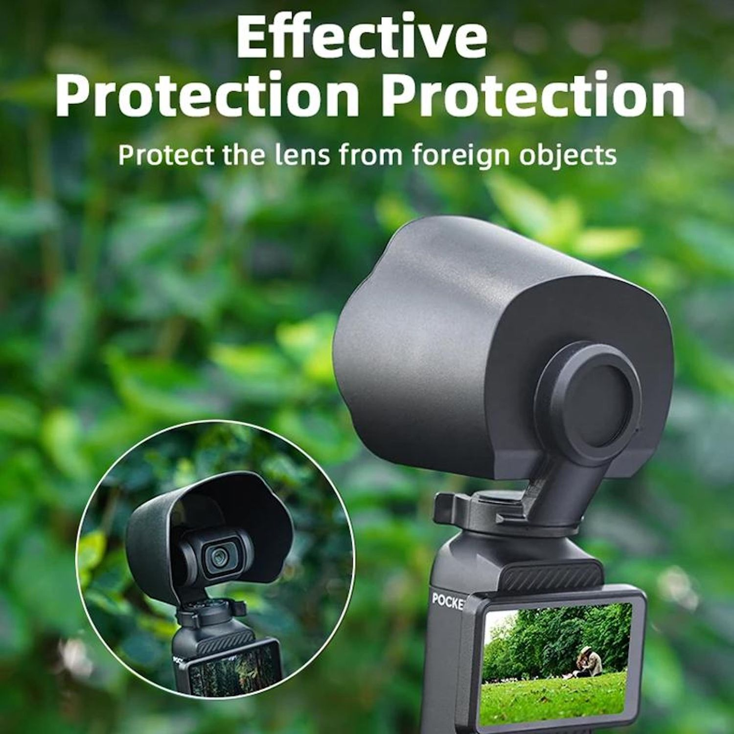 Una fotocamera nera con protezione per l'obiettivo è esposta su uno sfondo verde e frondoso. Lo schermo mostra una persona nell'erba.