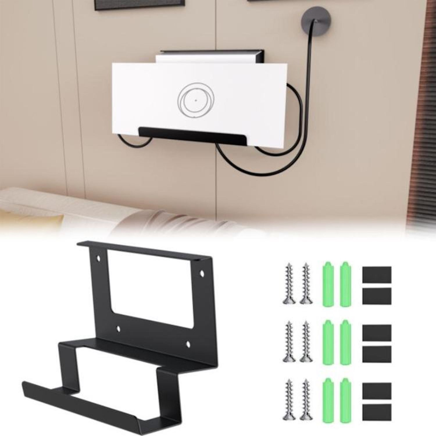 Ein weißes Gerät mit schwarzem Halter ist an einer hellen Wand montiert. Darunter sind ein schwarzes Metallregal und Schrauben zu sehen.