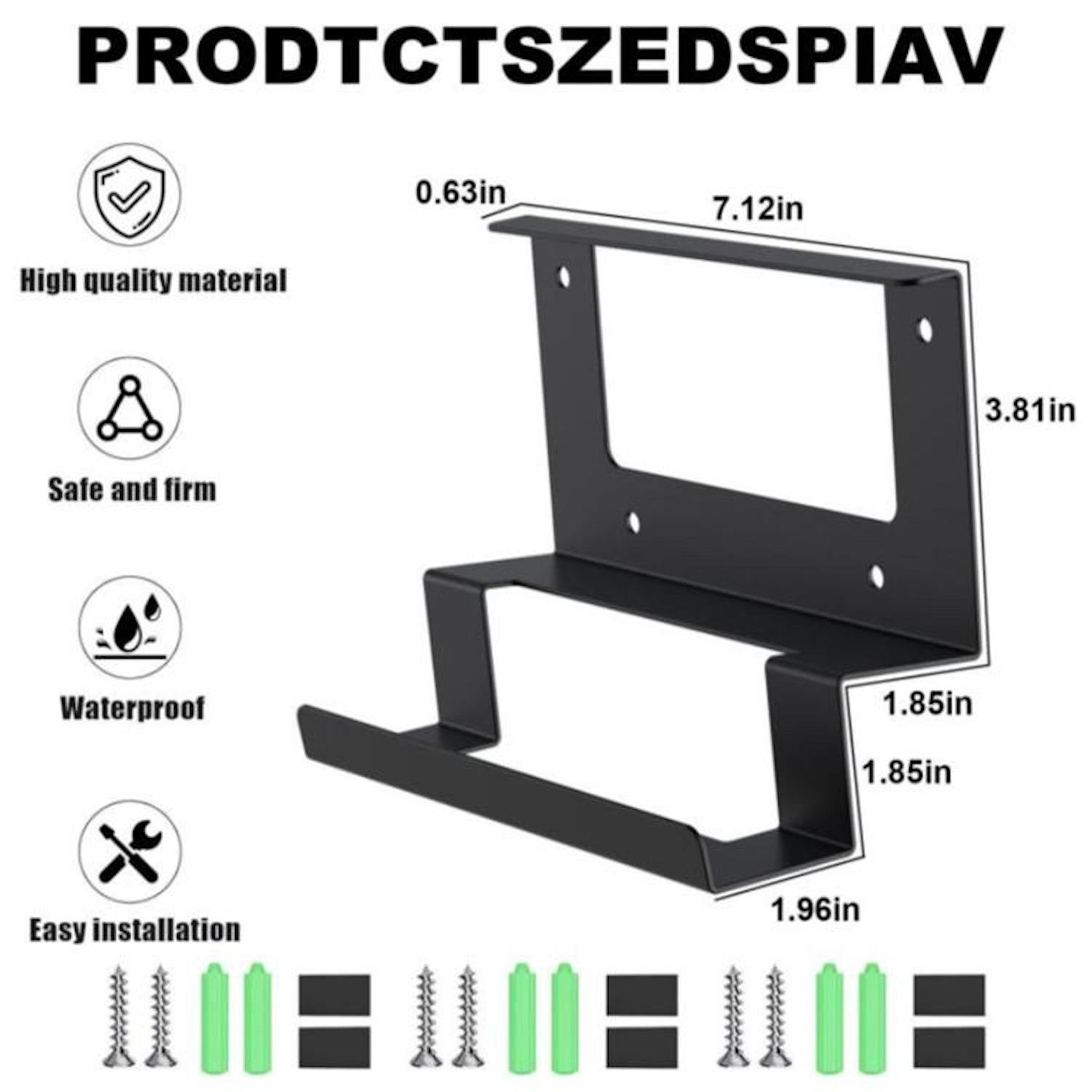 Schwarze Metall-Wandhalterung mit Maßangaben. Der Text erwähnt hohe Qualität, Wasserdichtigkeit und einfache Installation. Schrauben und Dübel unten.