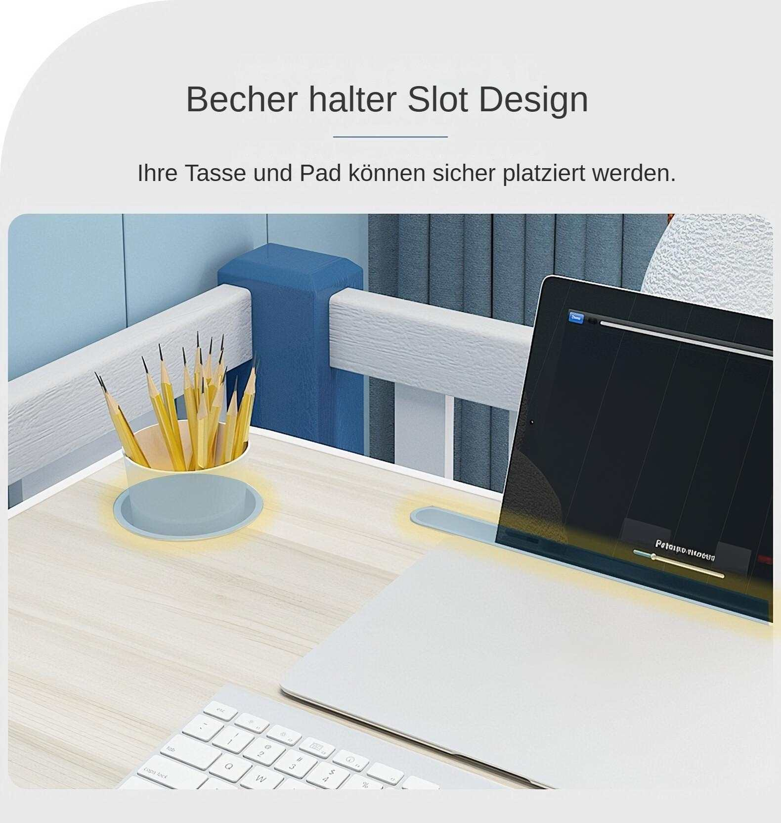 Schreibtisch mit Becherhalter, Bleistiften, Laptop und Tastatur. Blaues und weißes Design. Text: Becher halter Slot Design.
