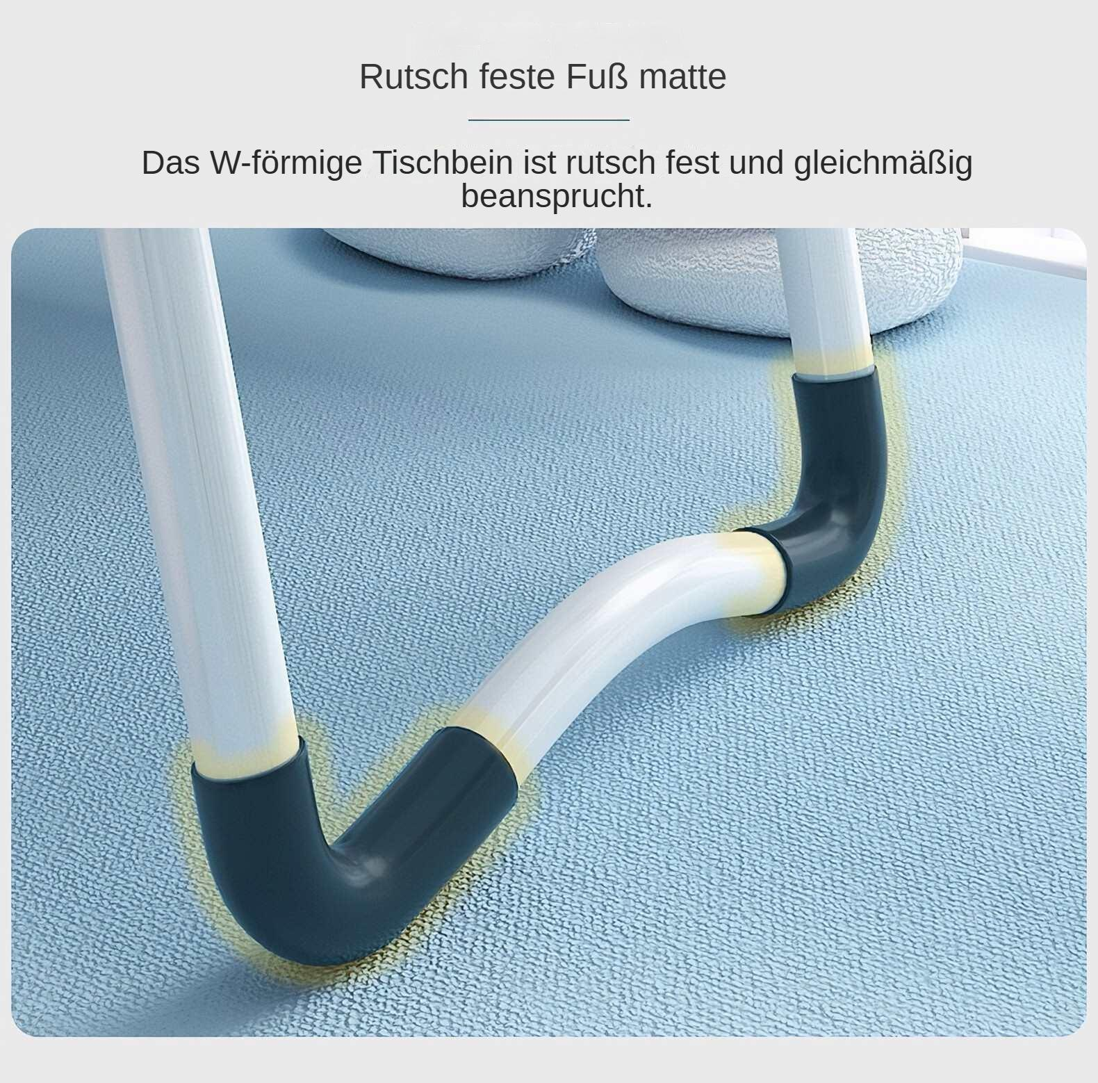 Nahaufnahme eines Tischbeins in W-Form. Das Bein ist weiß mit dunkelblauen Enden, auf einer strukturierten blauen Oberfläche.