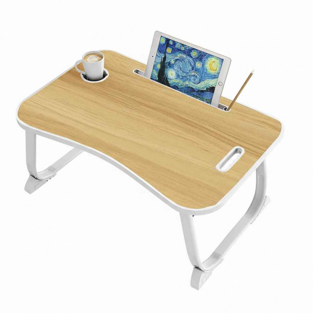 Ein Laptop-Tisch aus Holz mit weißen Beinen. Ein Tablet mit Van Goghs Sternennacht befindet sich im Schlitz. Links steht eine Kaffeetasse.
