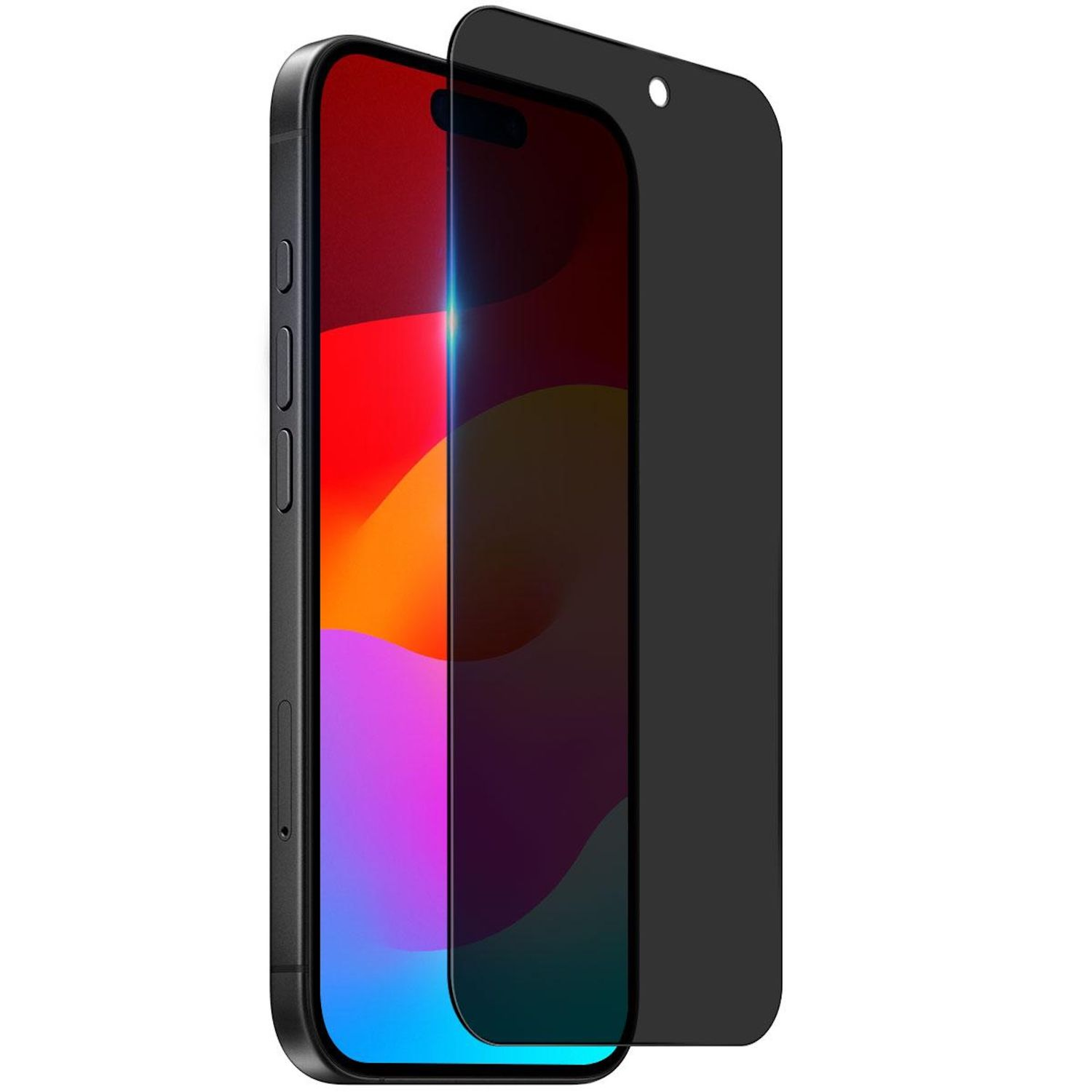 Ein schwarzes Smartphone mit einem Sichtschutz. Der Bildschirm zeigt rote, orange und violette Farben.