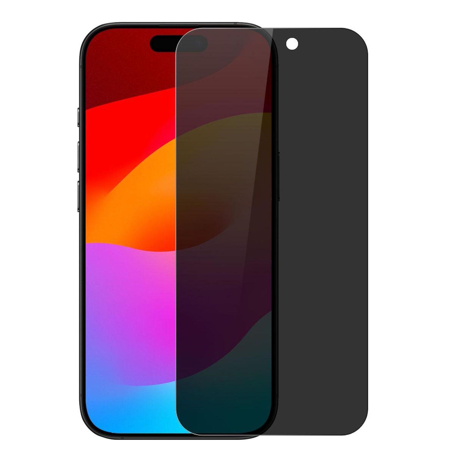 Ein Smartphone mit Displayschutzfolie, die farbenfrohe Tapeten zeigt. Der Schutz ist dunkelgrau mit einem weißen Punkt.